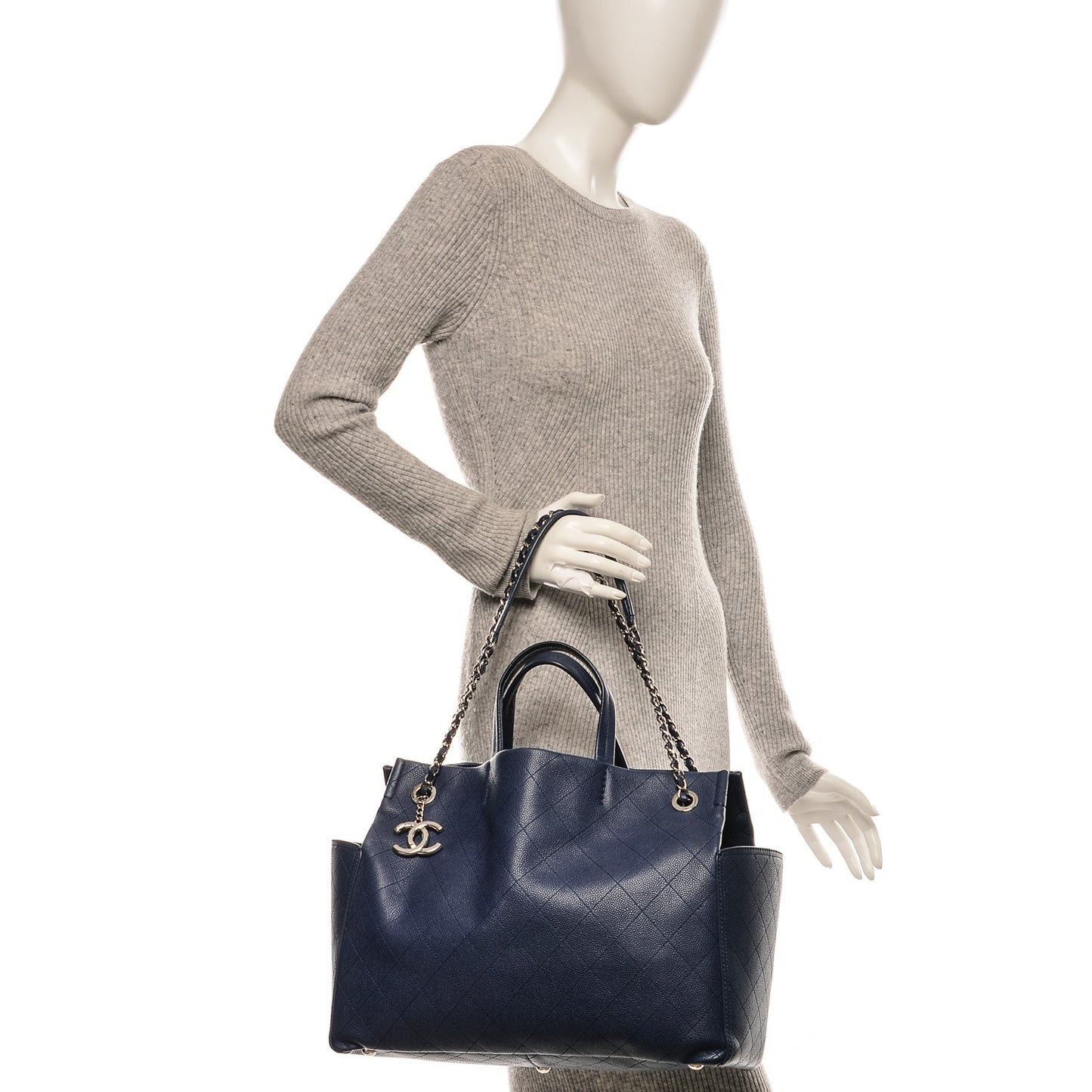 Grained Calfskin CC Pocket Tote Navy Blue