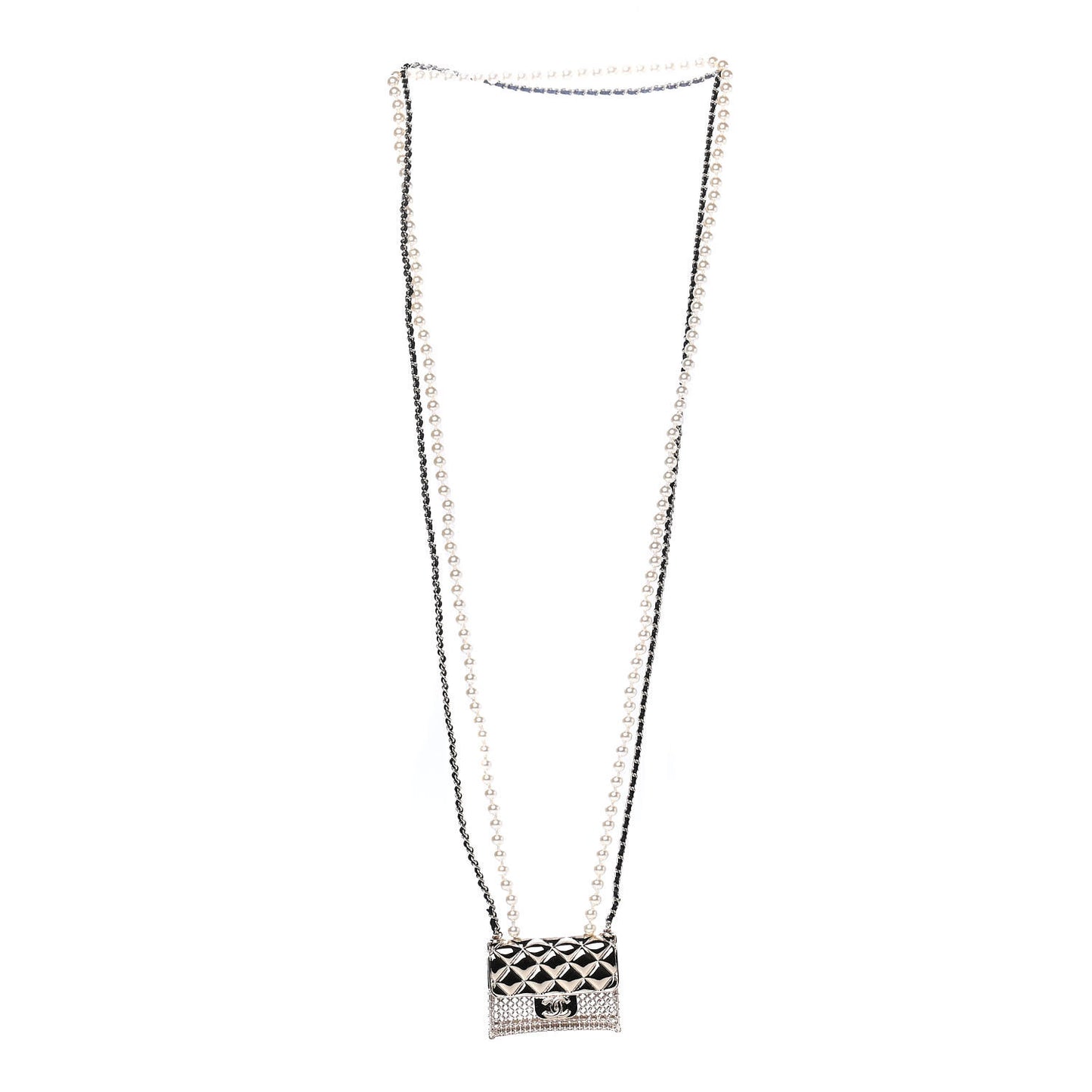 Metal Lambskin Pearl Chain Flap Bag Long Necklace Gold Black Pearly White