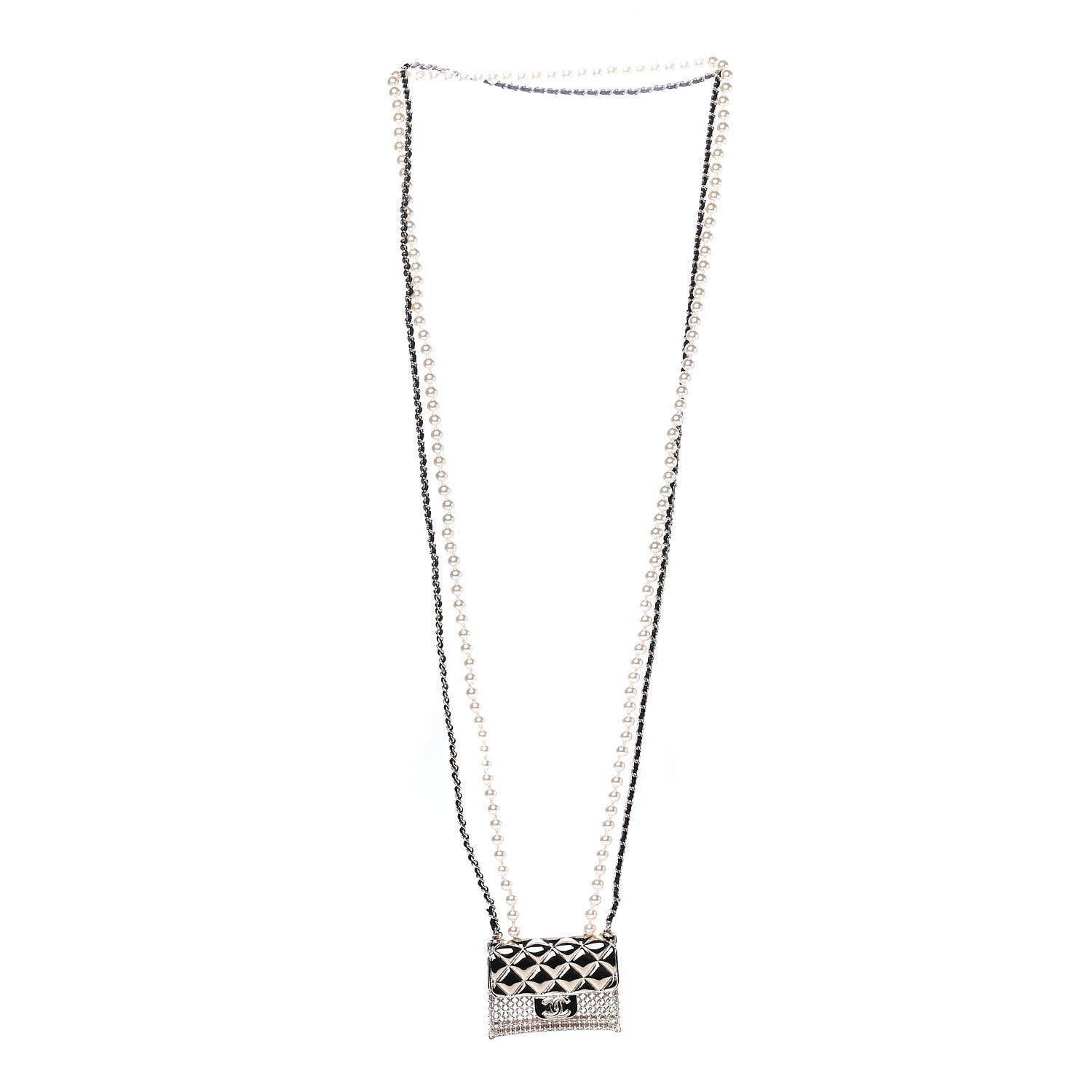 Chanel Metal Lambskin Pearl Chain Flap Bag Long Necklace Gold Black Pearly White 2 of 4