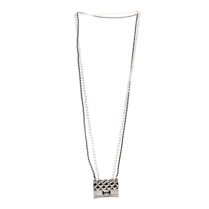 Chanel Metal Lambskin Pearl Chain Flap Bag Long Necklace Gold Black Pearly White 2 of 4