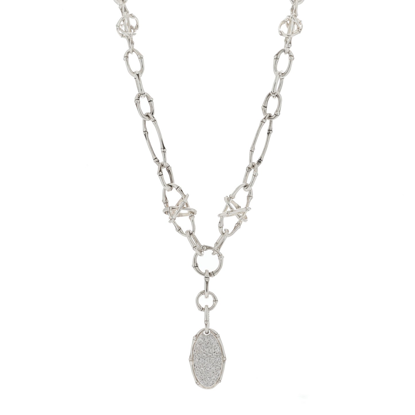 Sterling Silver Diamond Bamboo Oval Pendant Necklace