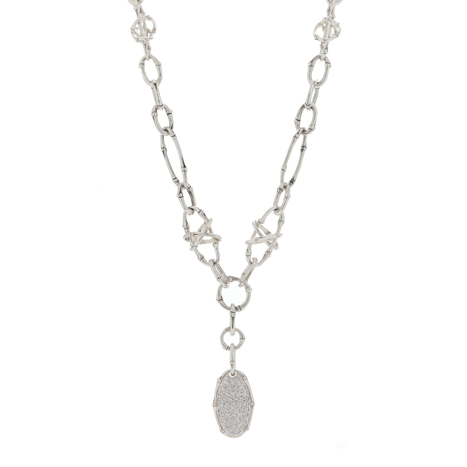 John Hardy Sterling Silver Diamond Bamboo Oval Pendant Necklace 1 of 5