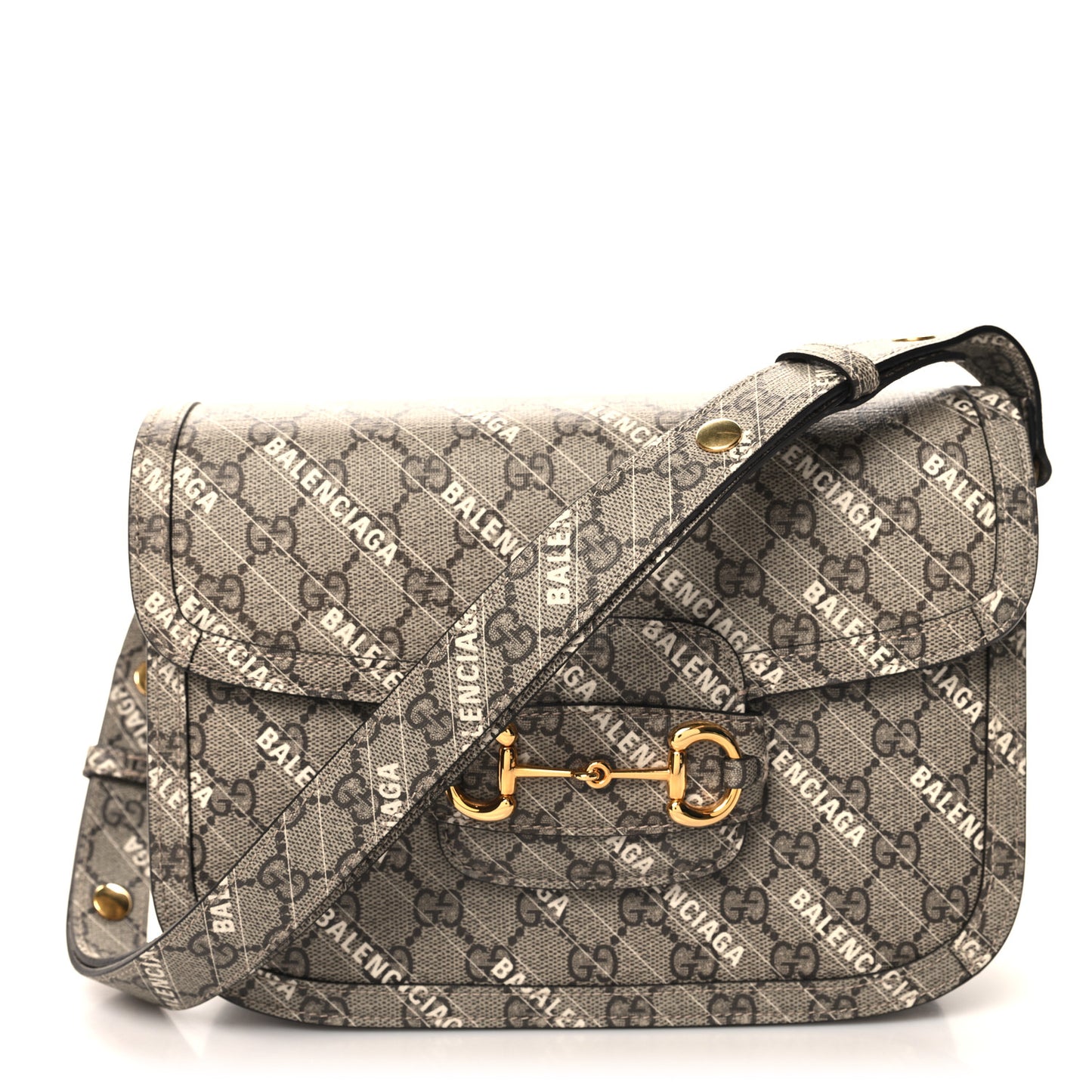 X BALENCIAGA GG Supreme Monogram Logo Print Horsebit 1955 Shoulder Bag Beige Ebony