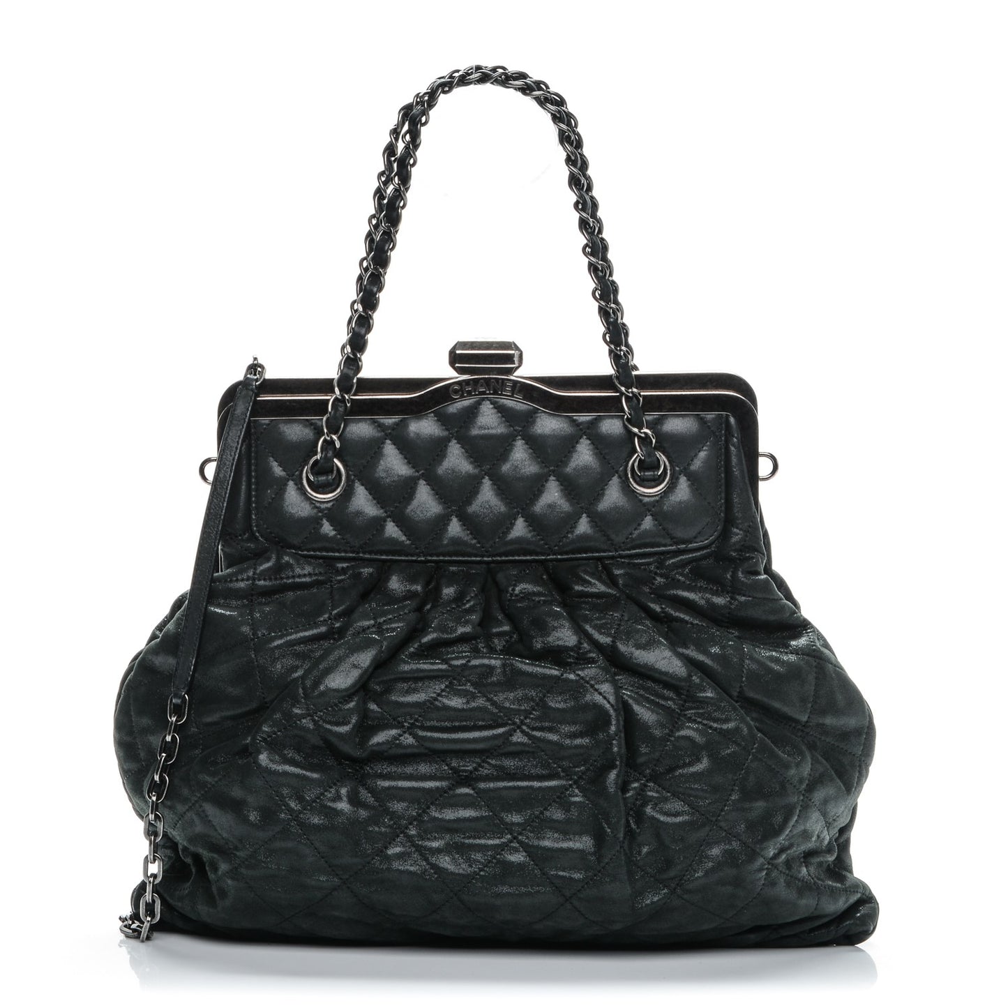 Iridescent Calfskin Chic Quilt Frame Tote Black