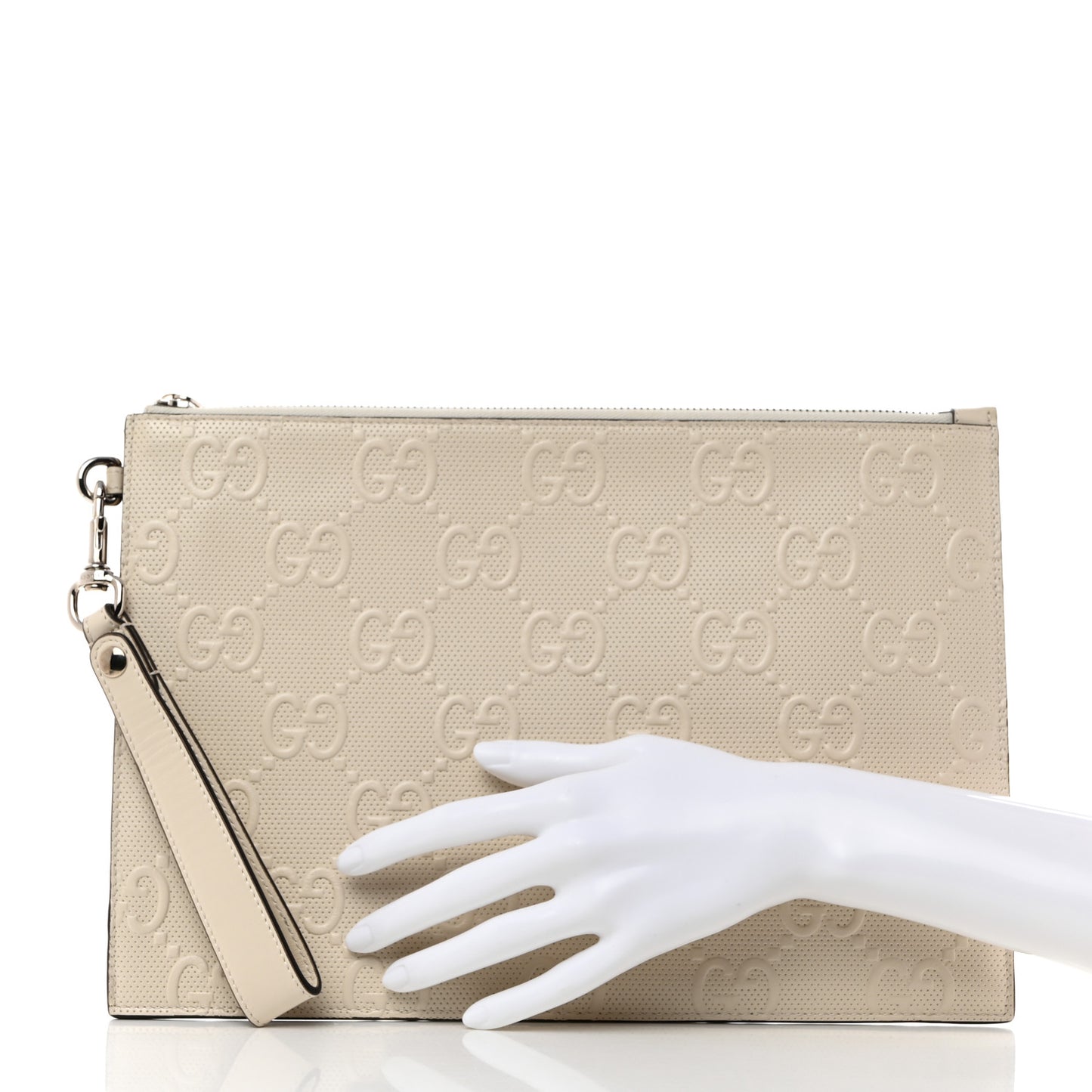 Calfskin GG Tennis Embossed Wristlet Pouch Mystic White