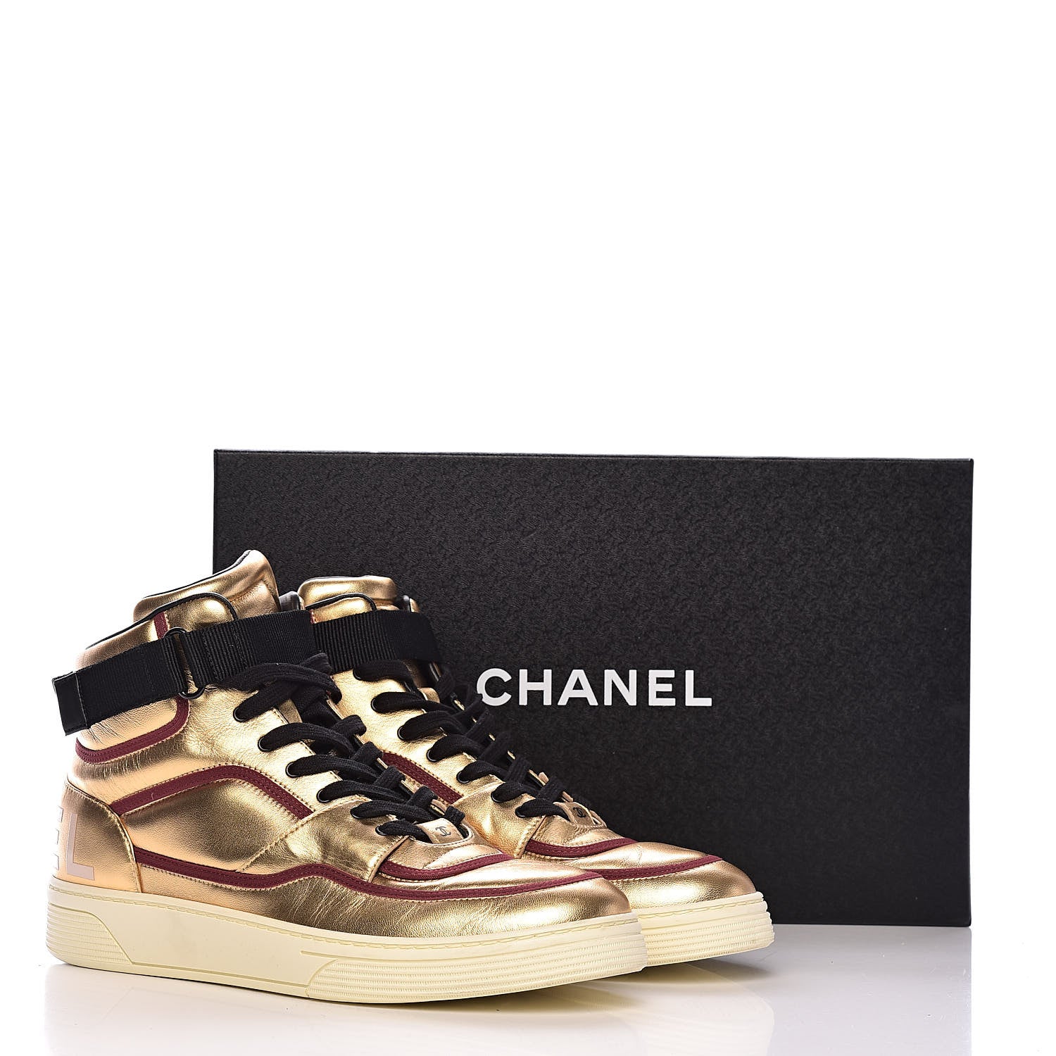 Chanel Metallic Satin Lambskin Mens Logo High Top Sneakers 44 Gold Burgundy 14 of 14