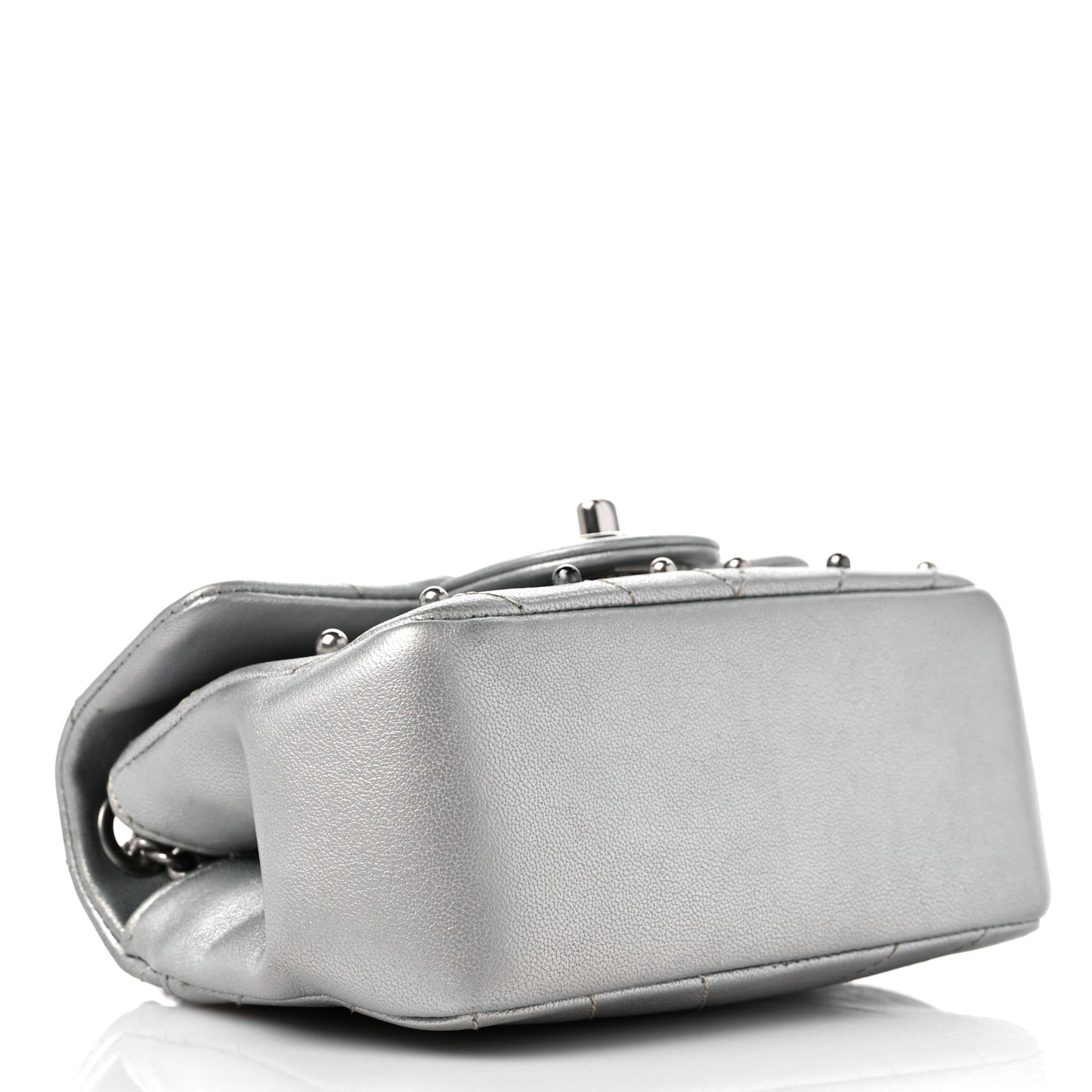 Metallic Lambskin Chevron Quilted Studded Extra Mini Flap Silver