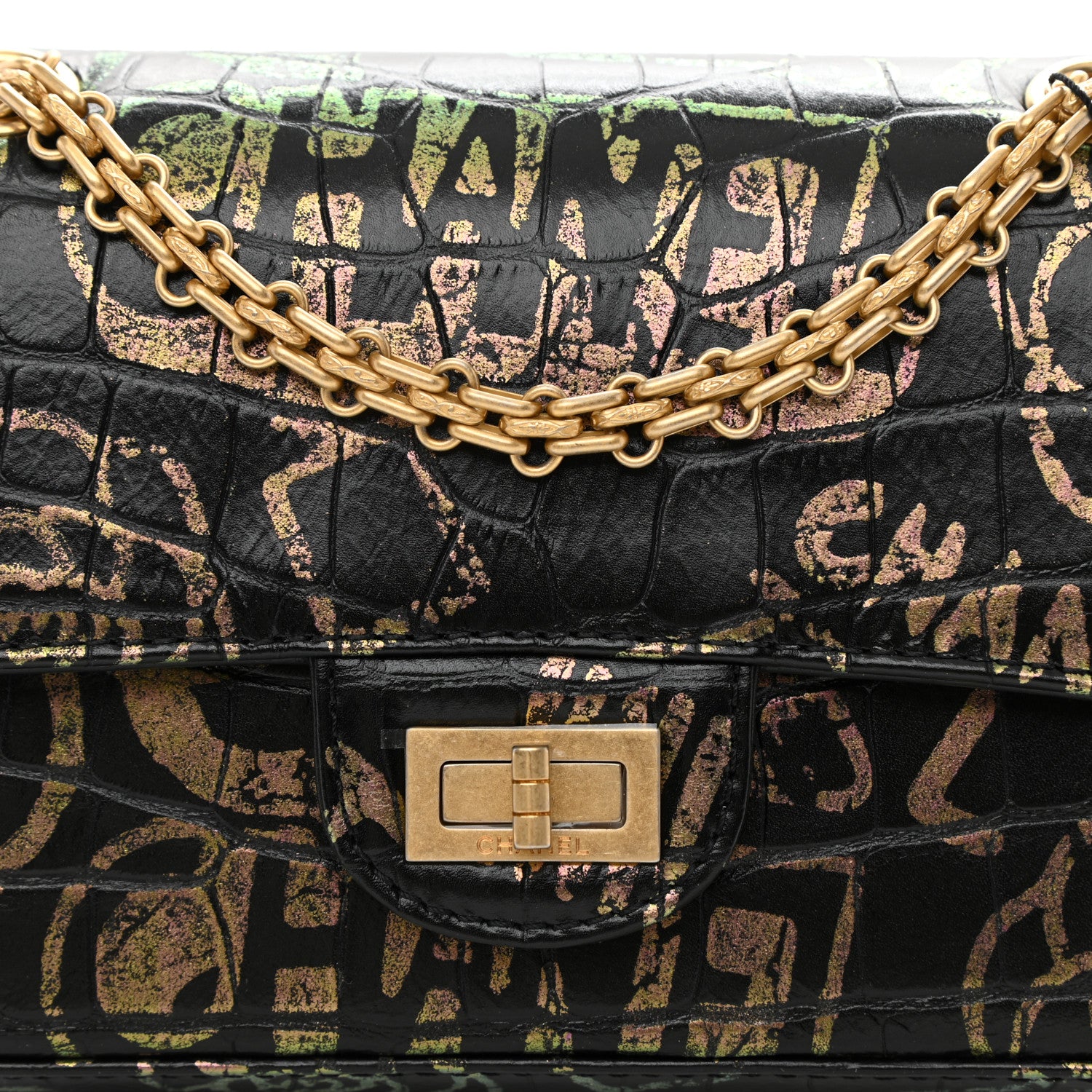 Chanel Calfskin Crocodile Embossed Graffiti 2.55 Mini Cocodile Reissue Flap Black Gold 8 of 8