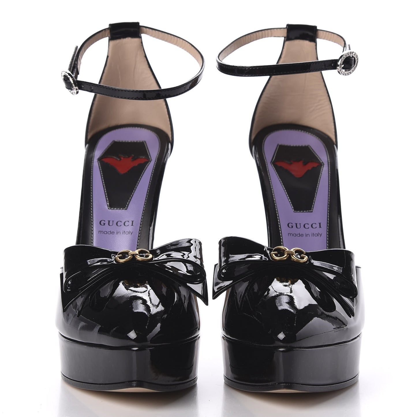 Patent Crystal GG Bow Sadie Spike Ankle Strap d'Orsay Platform High Heel Pumps 37 Black