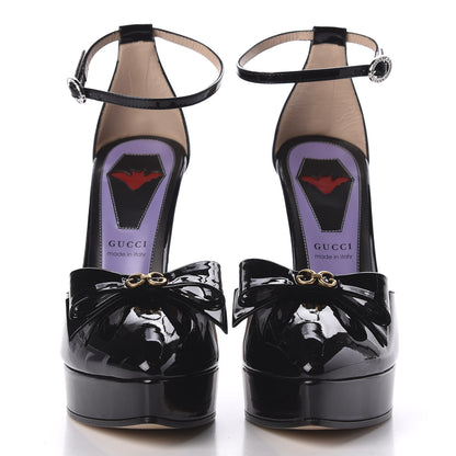 Gucci Patent Crystal GG Bow Sadie Spike Ankle Strap d'Orsay Platform High Heel Pumps 37 Black 3 of 9