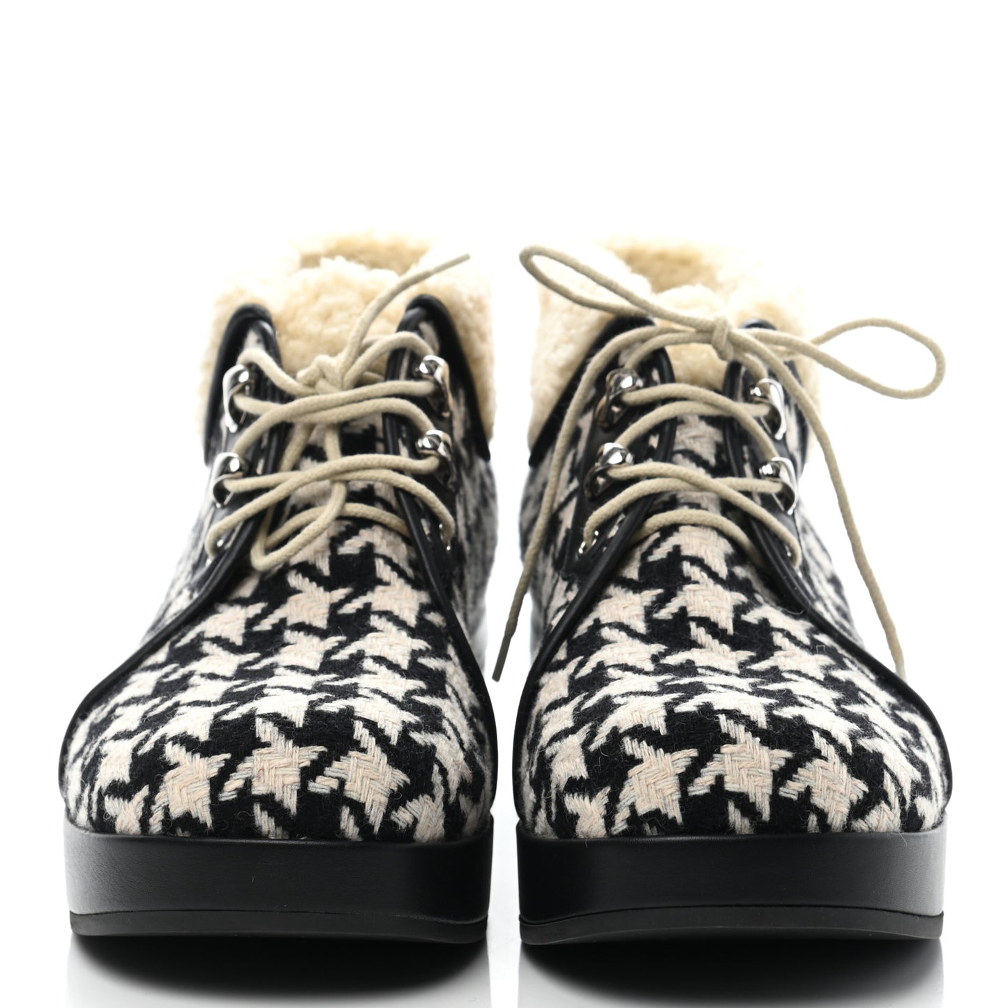 Optical Tweed Faux Shearling Houndstooth Victor Lace Up Ankle Boots 39.5 White Black