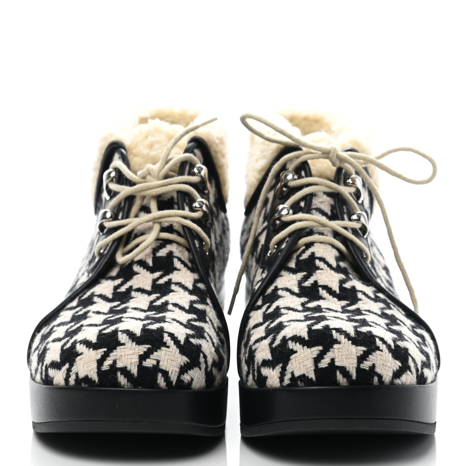Gucci Optical Tweed Faux Shearling Houndstooth Victor Lace Up Ankle Boots 39.5 White Black 2 of 7