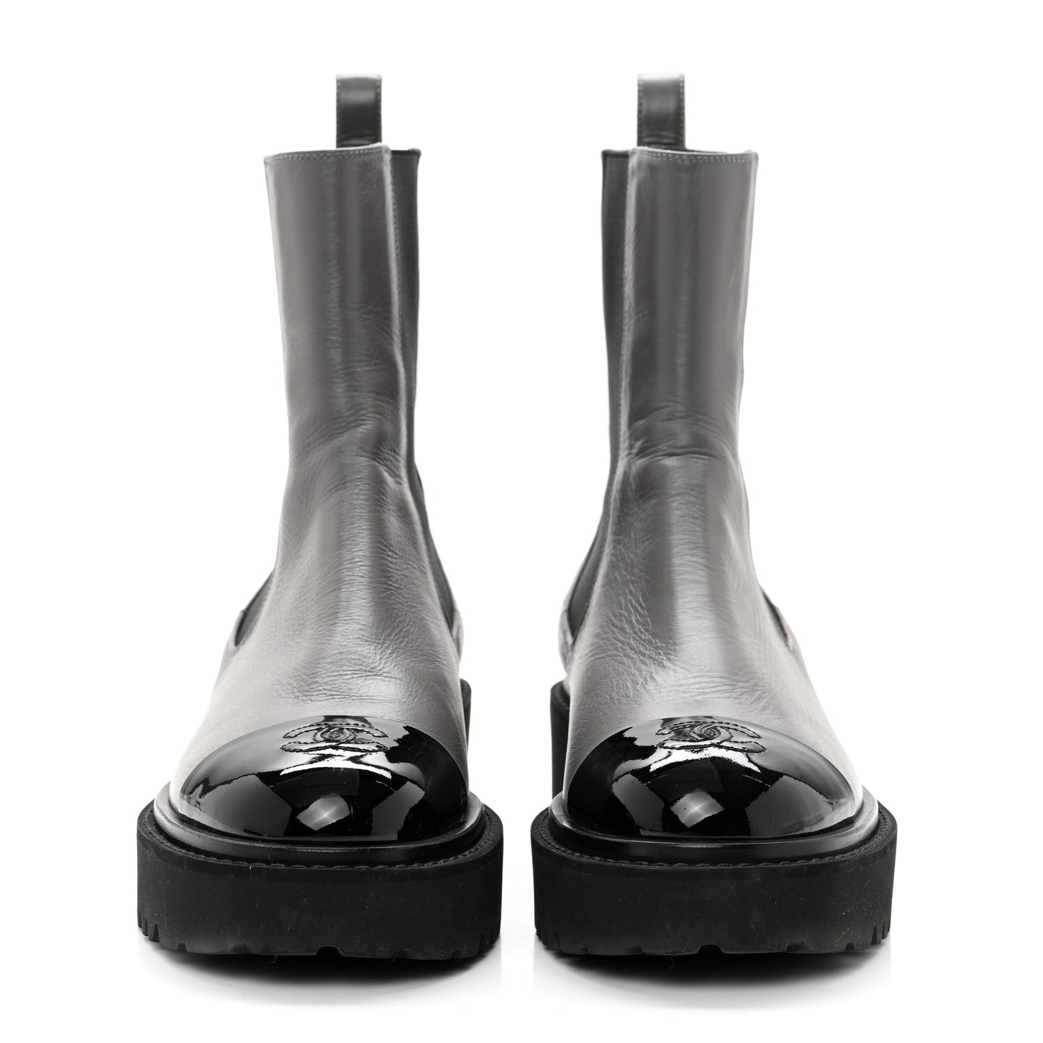 Chanel Crumpled Calfskin Patent Cap Toe Short Boots 38.5 Dark grey Black 2 of 9