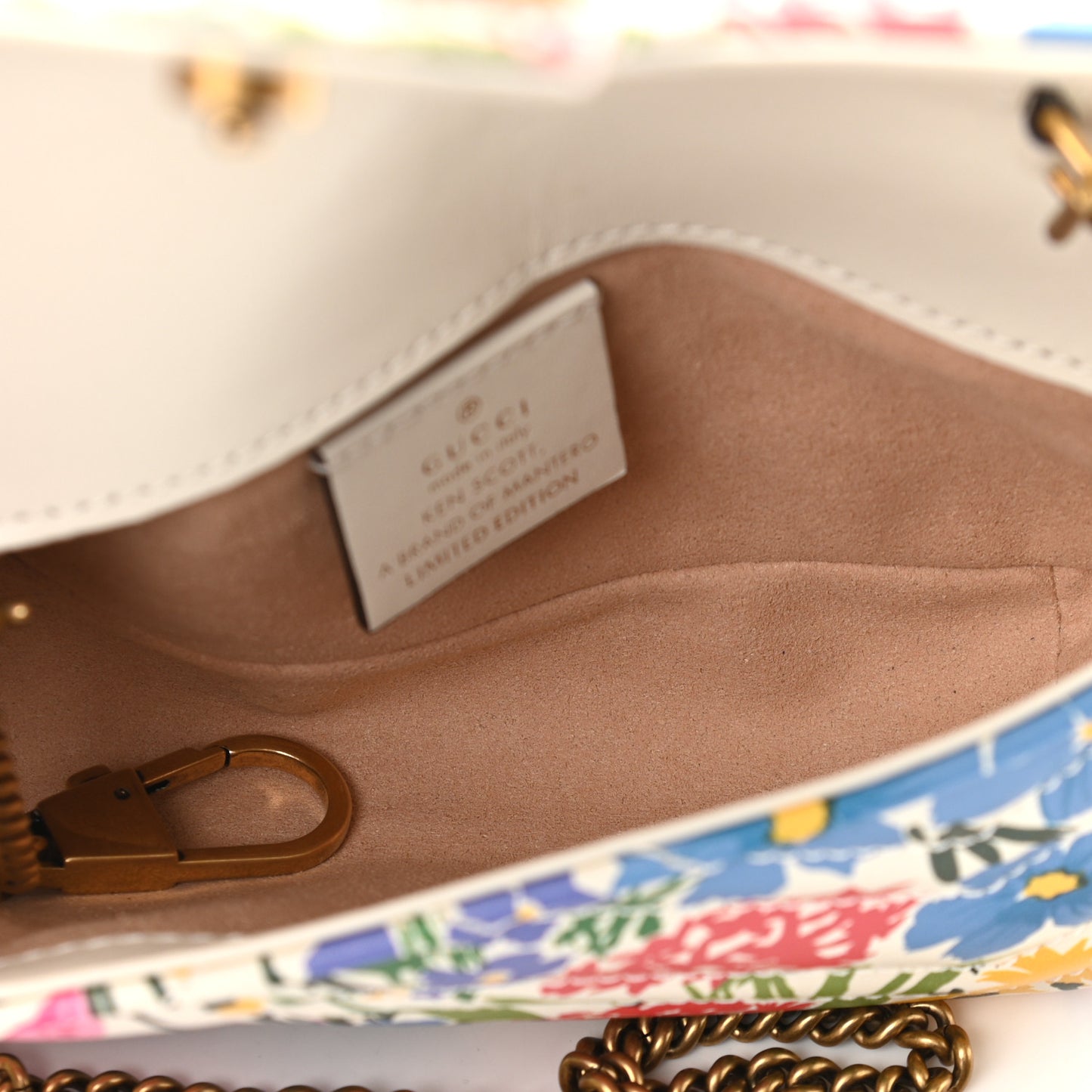 X KEN SCOTT Calfskin Matelasse Floral Print Super Mini GG Marmont Shoulder Bag Ivory Pink