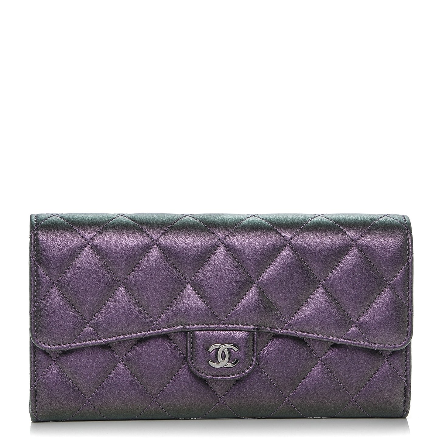 Iridescent Lambskin Quilted Large Gusset Flap Wallet Purple