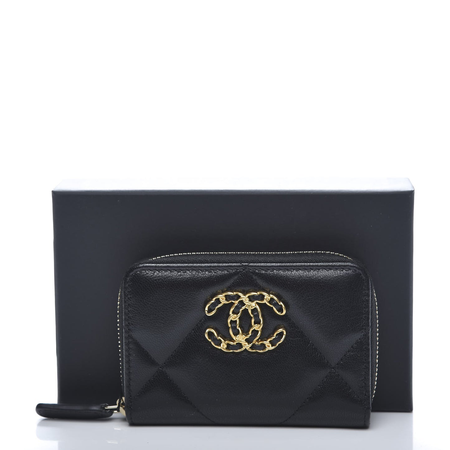 Lambskin Quilted Chanel 19 Zip Around Coin Purse Wallet Black