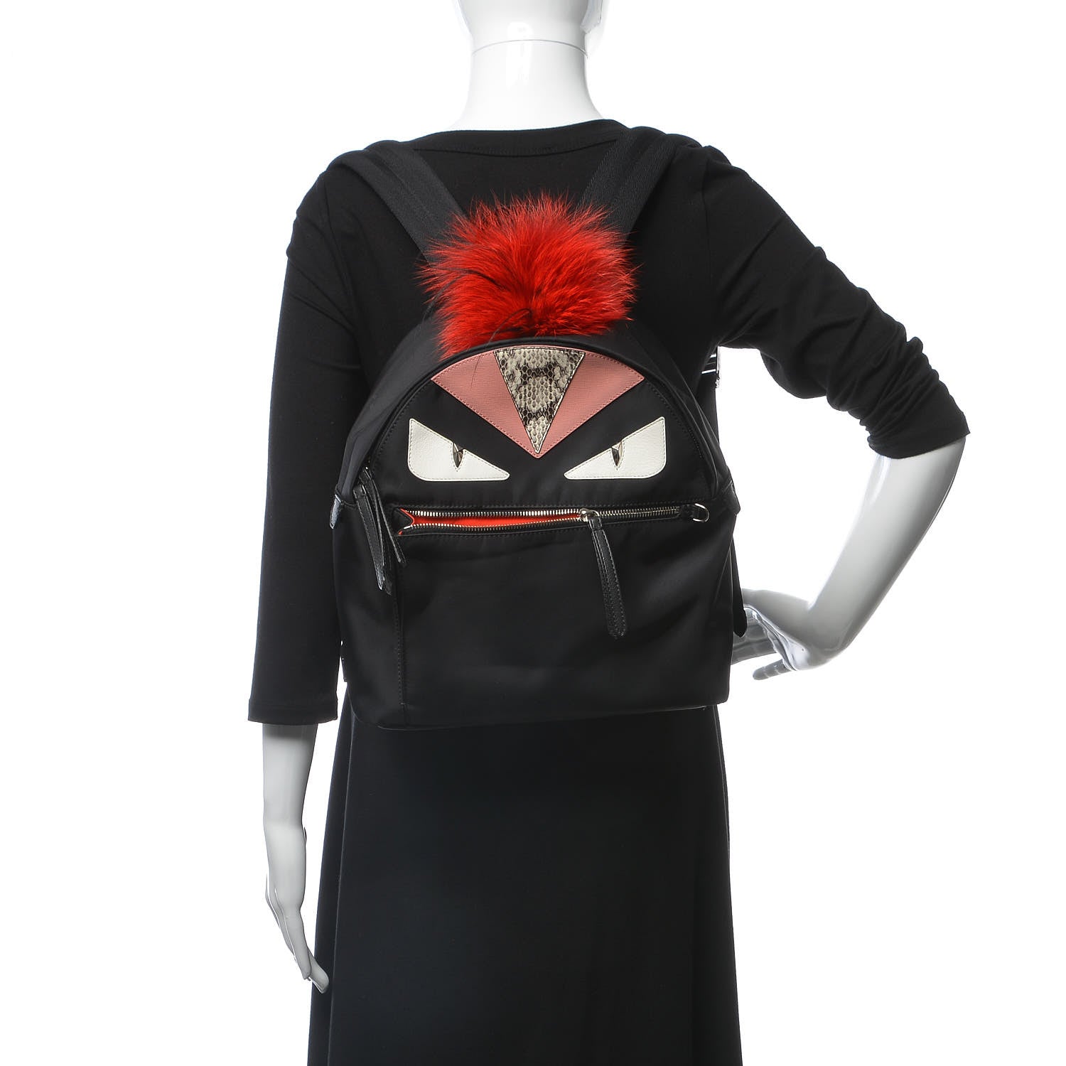 Fendi Nylon Vitello Dolce Elaphe Fox Fur Monster Eyes Backpack Black Natural Bordeaux Multicolor 2 of 8