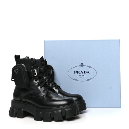 Prada Spazzolato Rois Re-Nylon Metal Triangle Logo Monolith Pouch Pocket 55mm Boots 39.5 Black 9 of 9