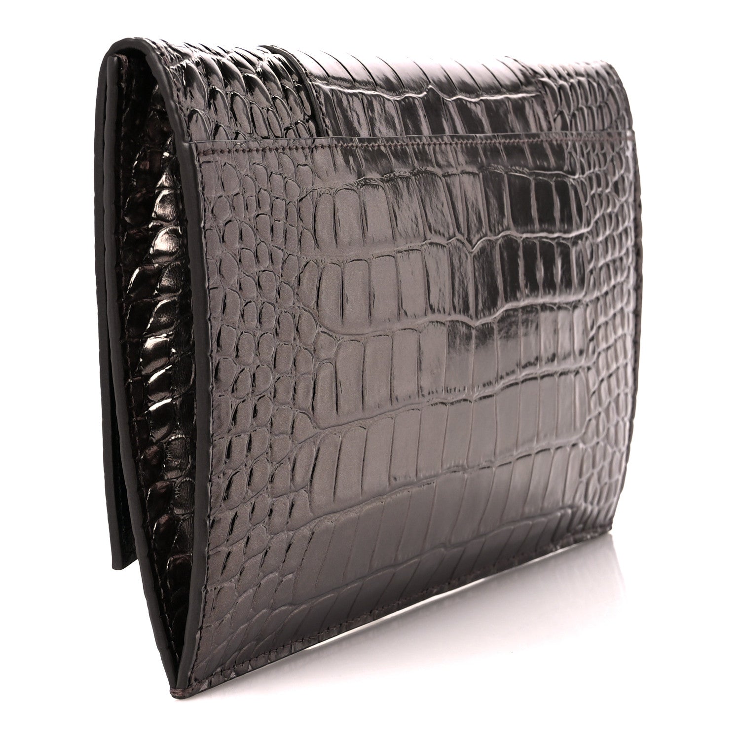 Balenciaga Shiny Metallic Calfskin Crocodile Embossed Hourglass Flap Flat Pouch Dark Bronze 3 of 11