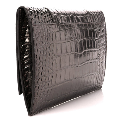 Balenciaga Shiny Metallic Calfskin Crocodile Embossed Hourglass Flap Flat Pouch Dark Bronze 3 of 11