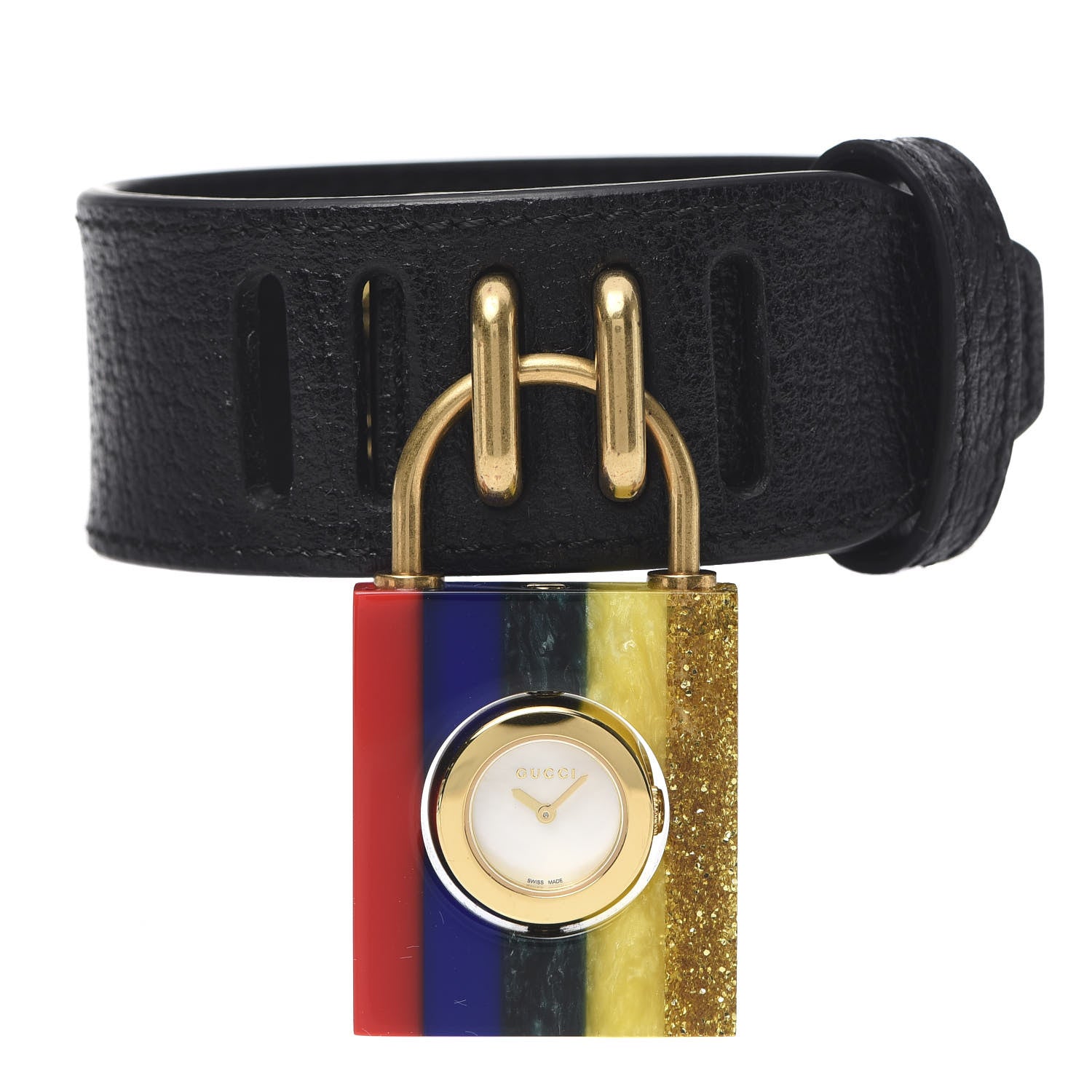 Gucci Stainless Steel Plexiglass Calfskin Mother of Pearl 30mm Twirl Lock Quartz Watch 1 of 8