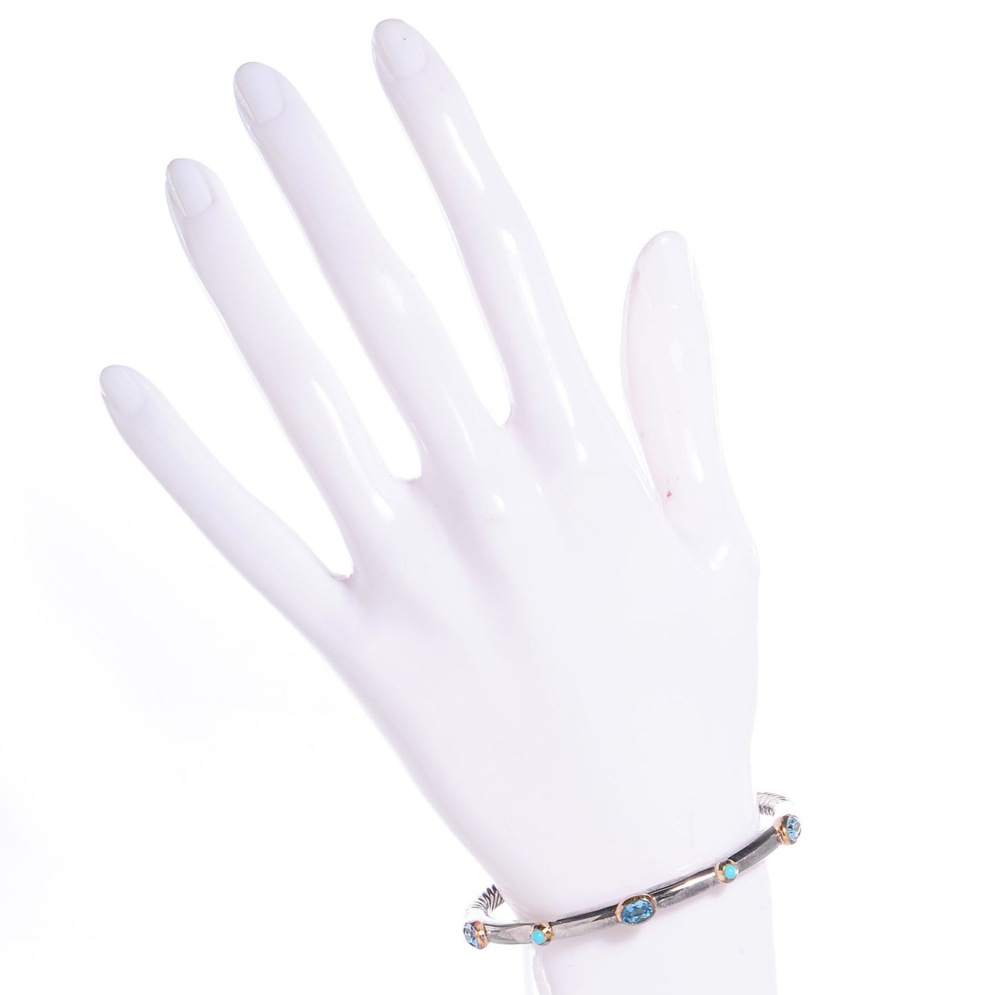 Sterling Silver 18K Yellow Gold Blue Topaz Turquoise Renaissance Bangle Bracelet