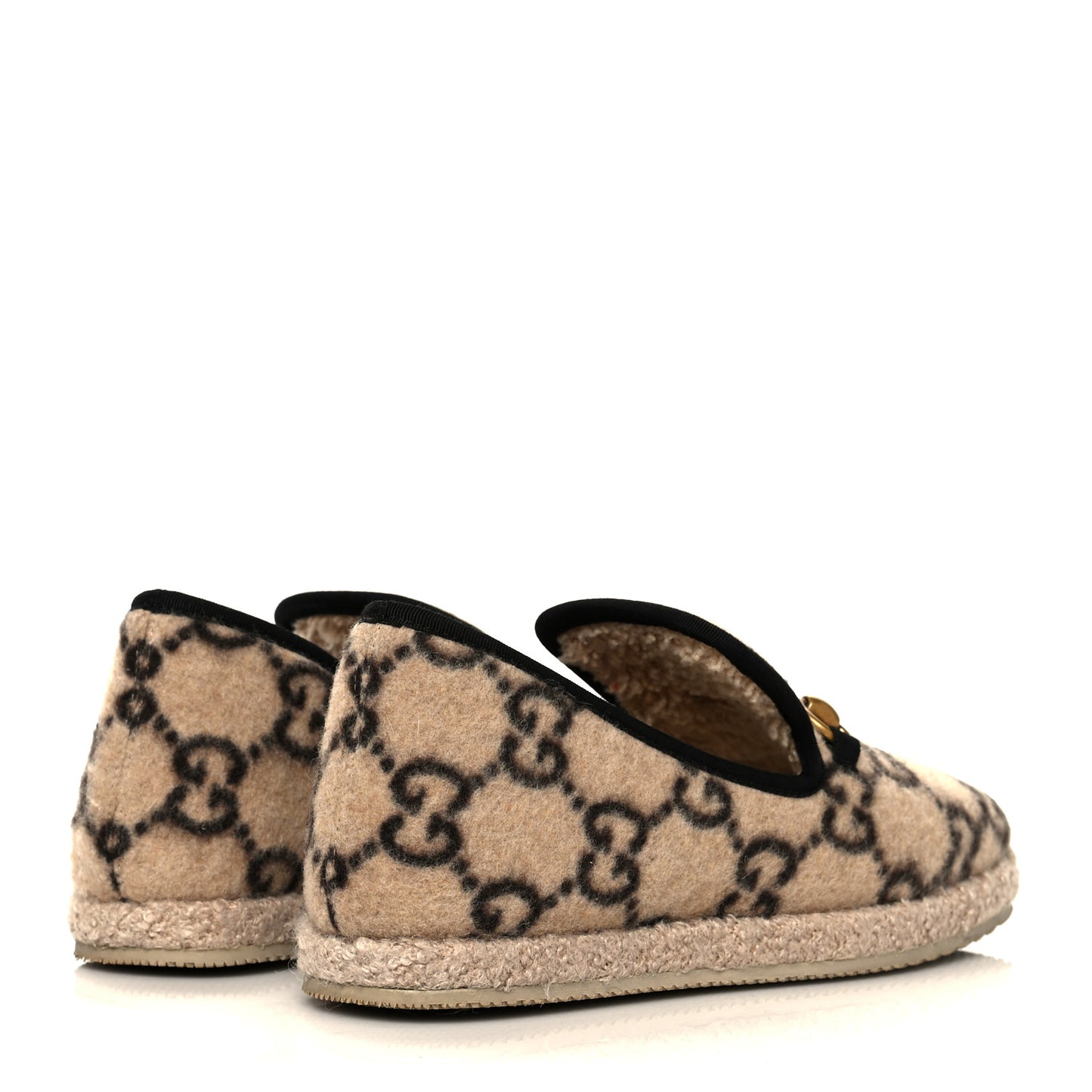 Covered Wool GG Monogram Womens Fria Horsebit Loafers 36 Beige Ebony Black Butterscotch