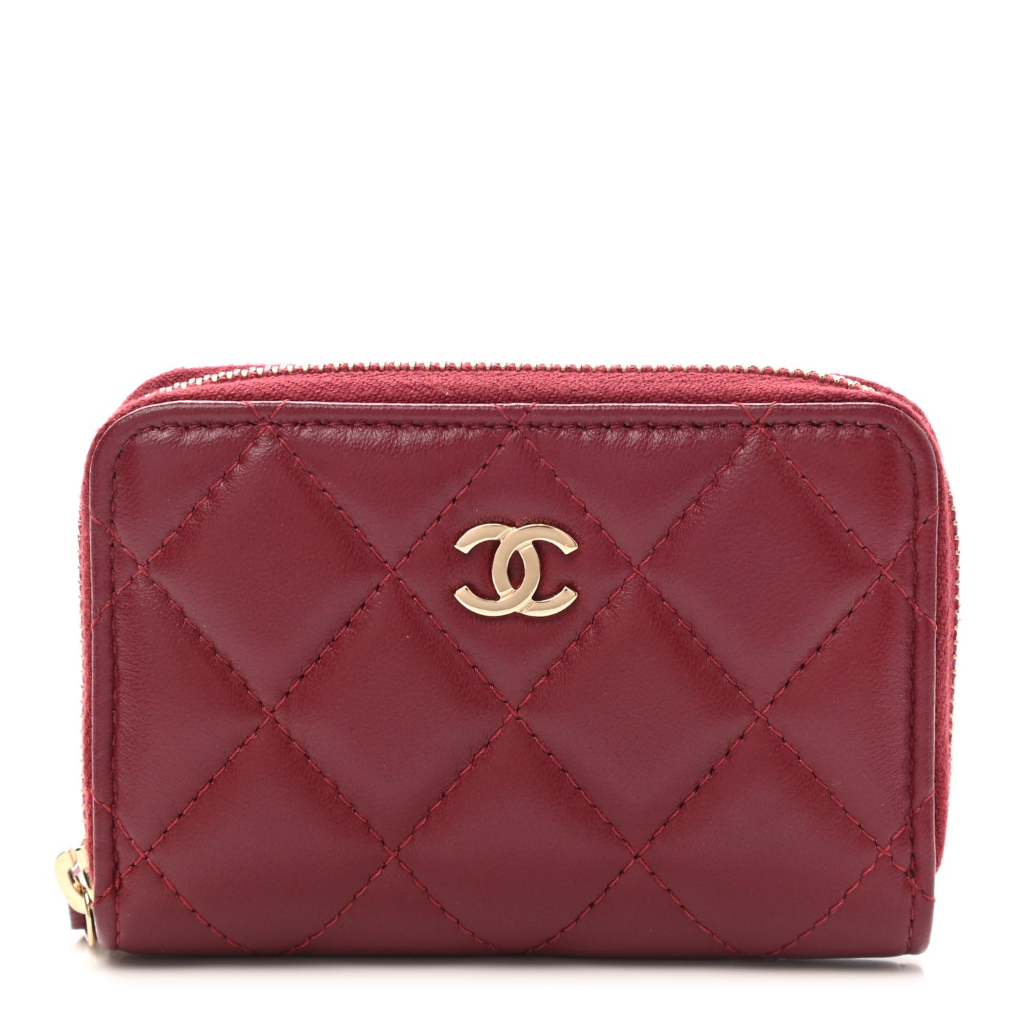 Lambskin Quilted Zip Around Coin Purse Wallet Burgundy