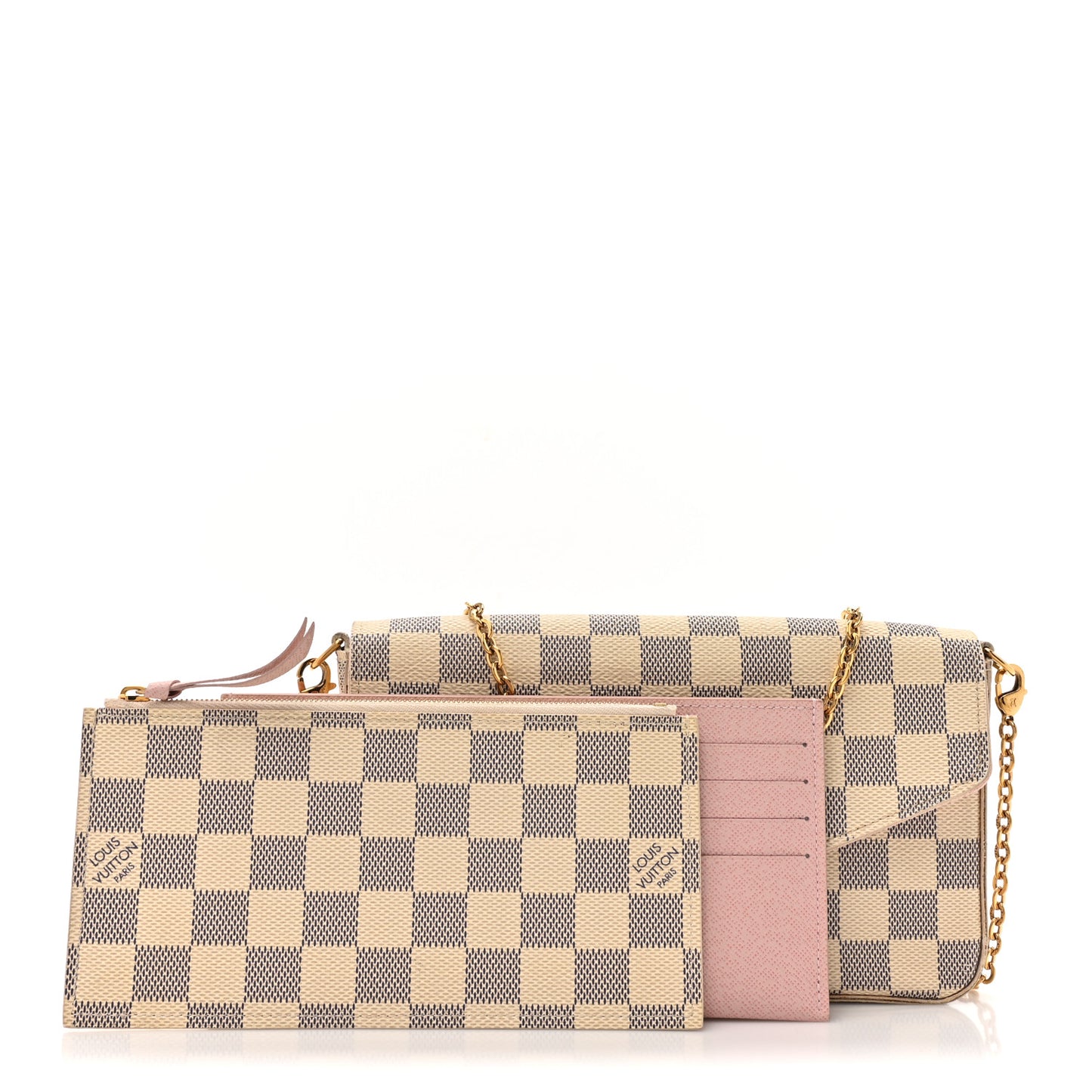 Damier Azur Pochette Felicie Chain Wallet Rose Ballerine