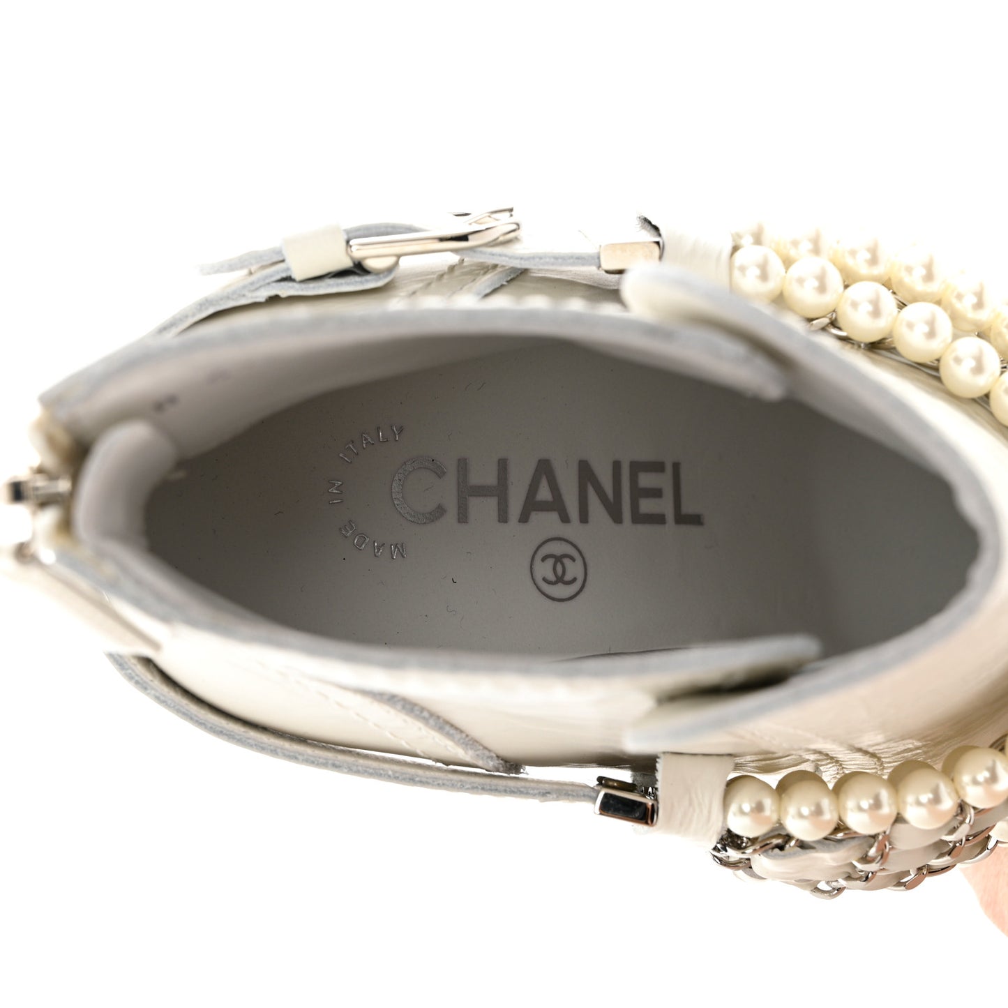 Crackled Calfskin Pearl Chain CC Short Boots 36 White