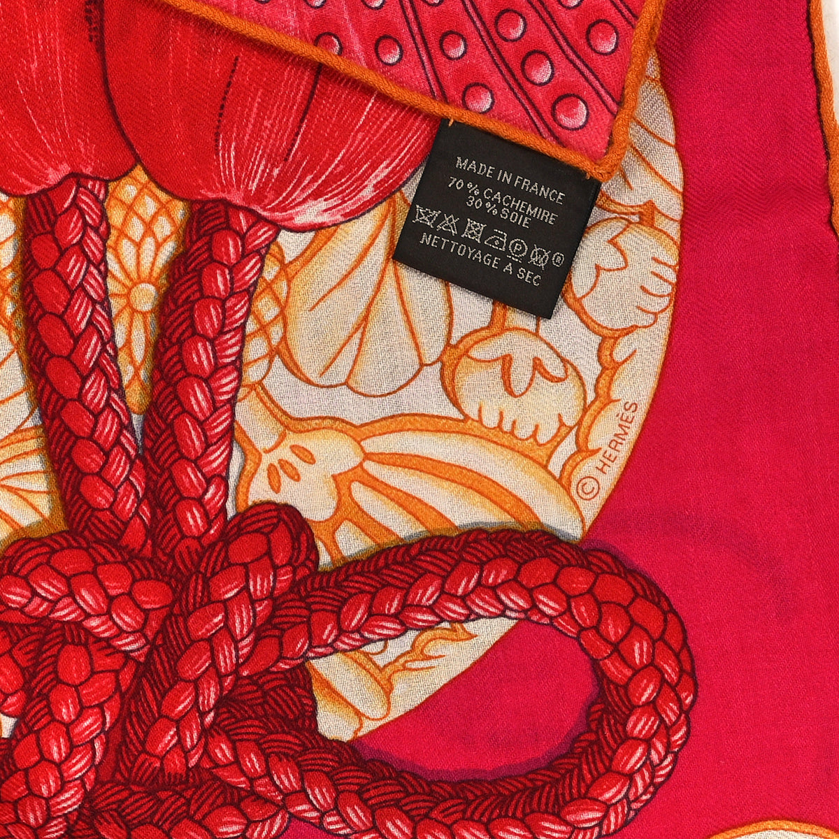 Hermes Cashmere Silk Parures De Samourais Shawl 140 Rose Indien Vert Corail 3 of 3