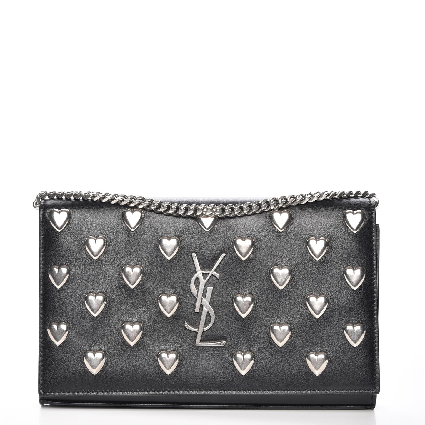 Calfskin Heart Studded Monogram Chain Wallet Black