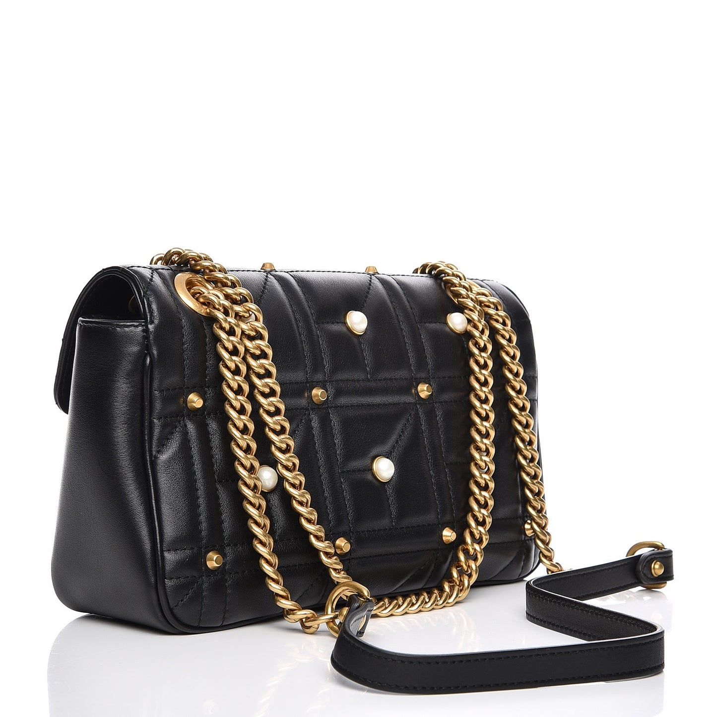 Calfskin Matelasse Studded Small Pearly GG Marmont Shoulder Bag Black