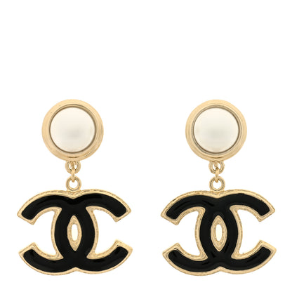 Chanel Pearl Enamel CC Drop Earrings Black 1 of 3