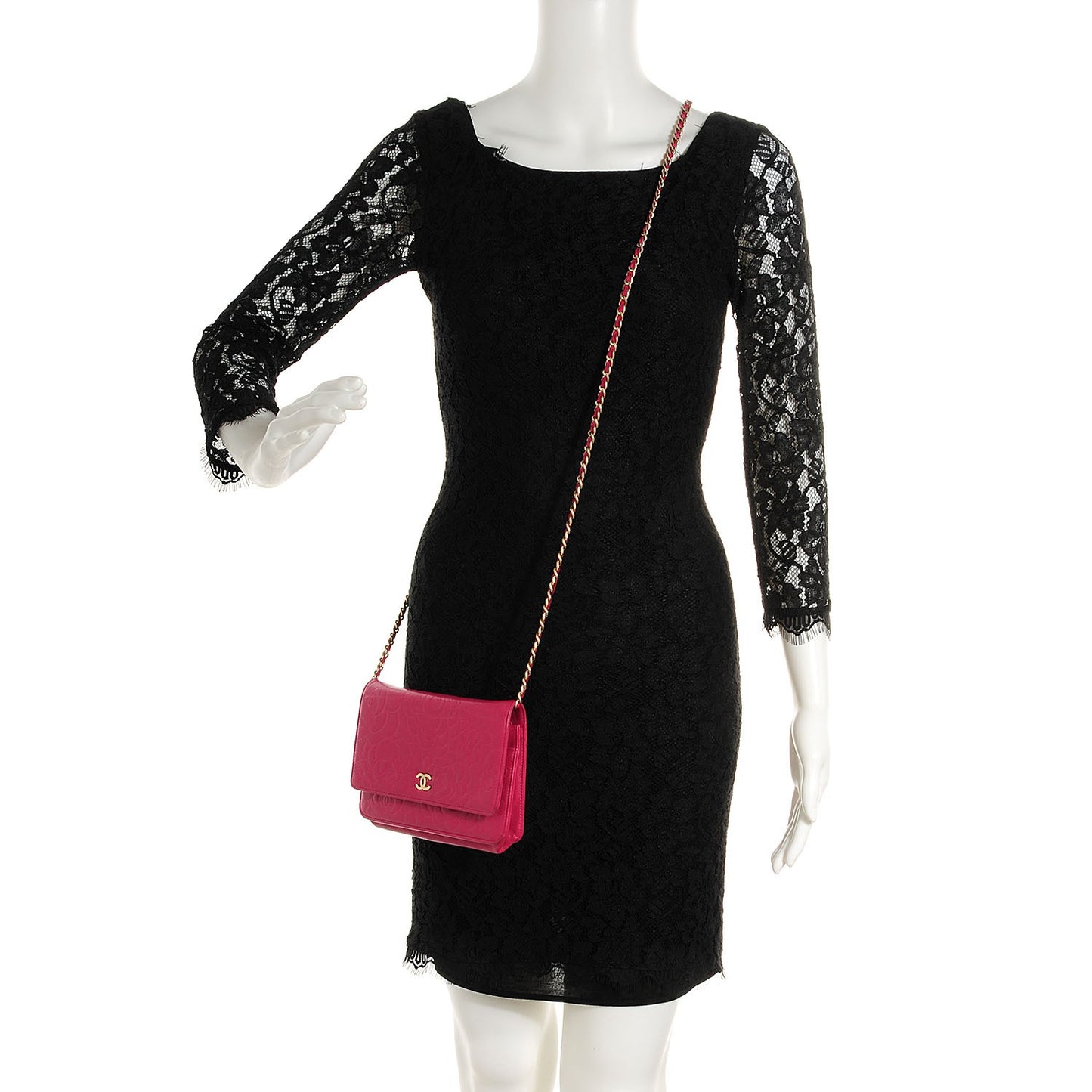 Lambskin Camellia Wallet on Chain WOC Dark Pink