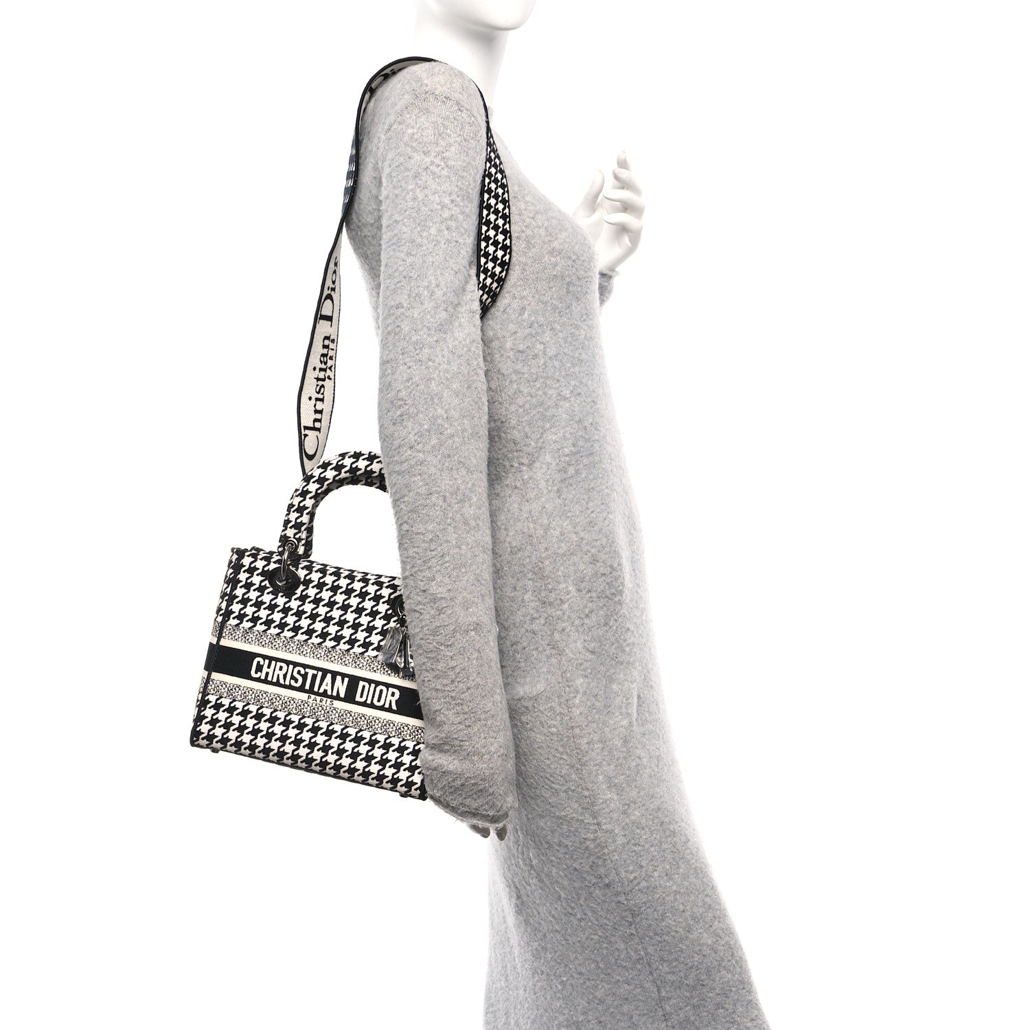 Christian Dior Canvas Houndstooth Embroidered Medium Lady D-Lite Black White 2 of 10