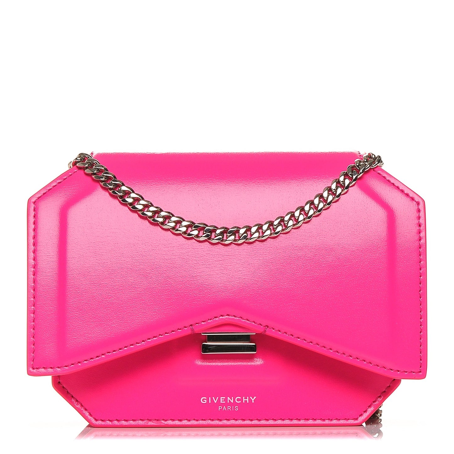 Calfskin Bow Cut Chain Wallet Neon Pink