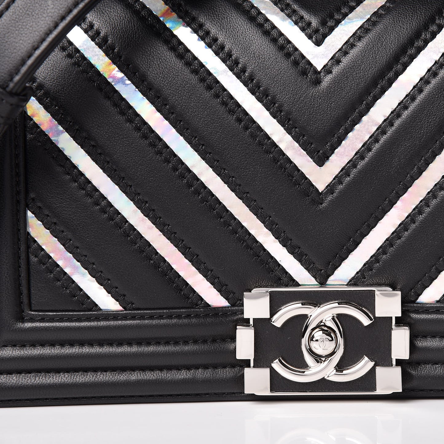 Lambskin Iridescent PVC Chevron Quilted Medium Boy Flap Black Silver