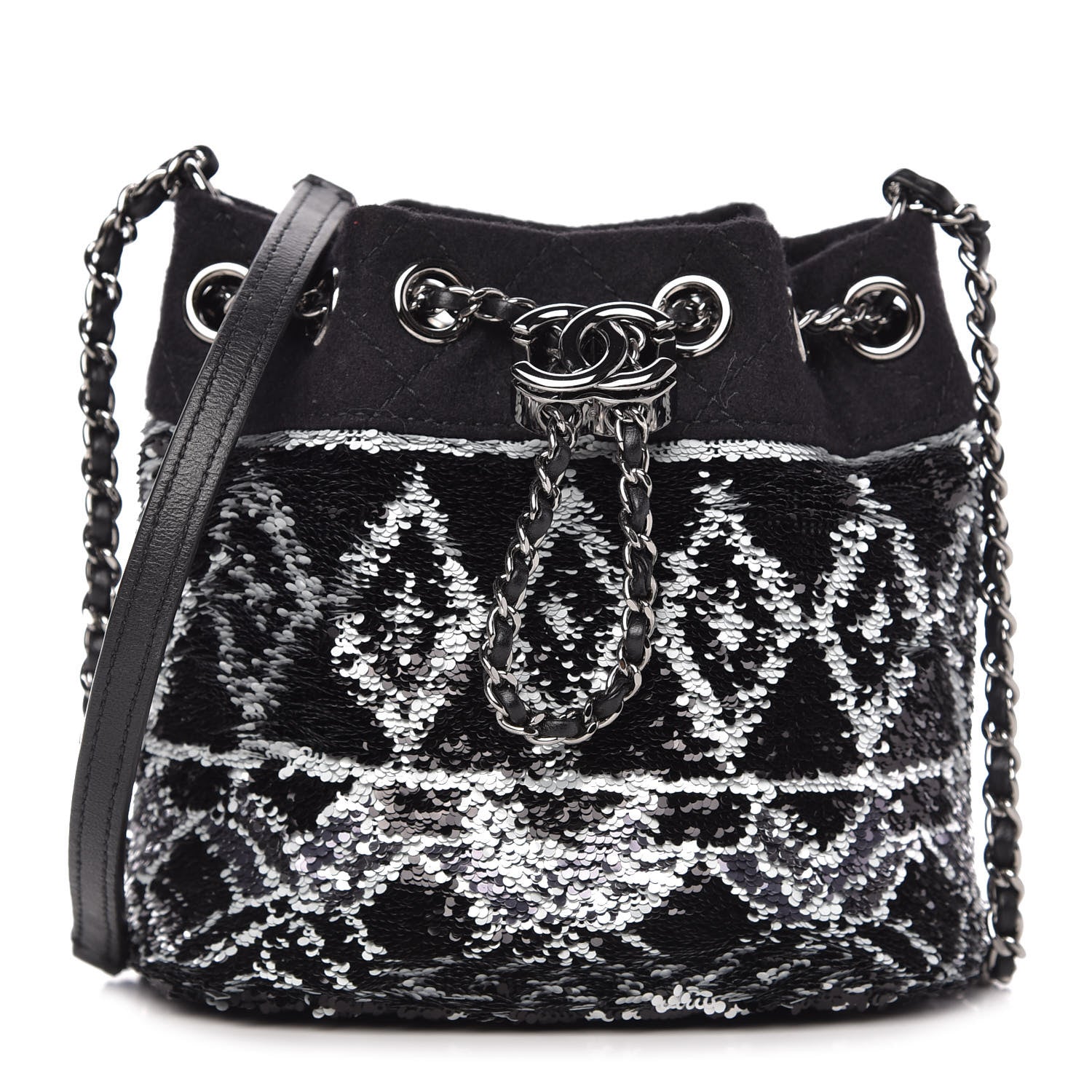 Chanel Sequin Wool Drawstring Bag Bag Black Silver 1 of 9