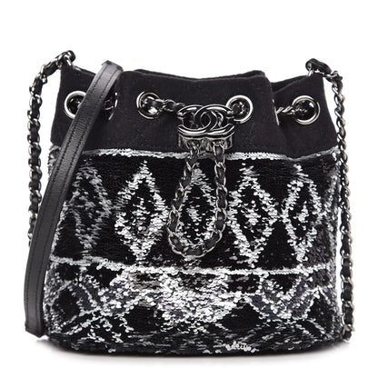 Chanel Sequin Wool Drawstring Bag Bag Black Silver 1 of 9