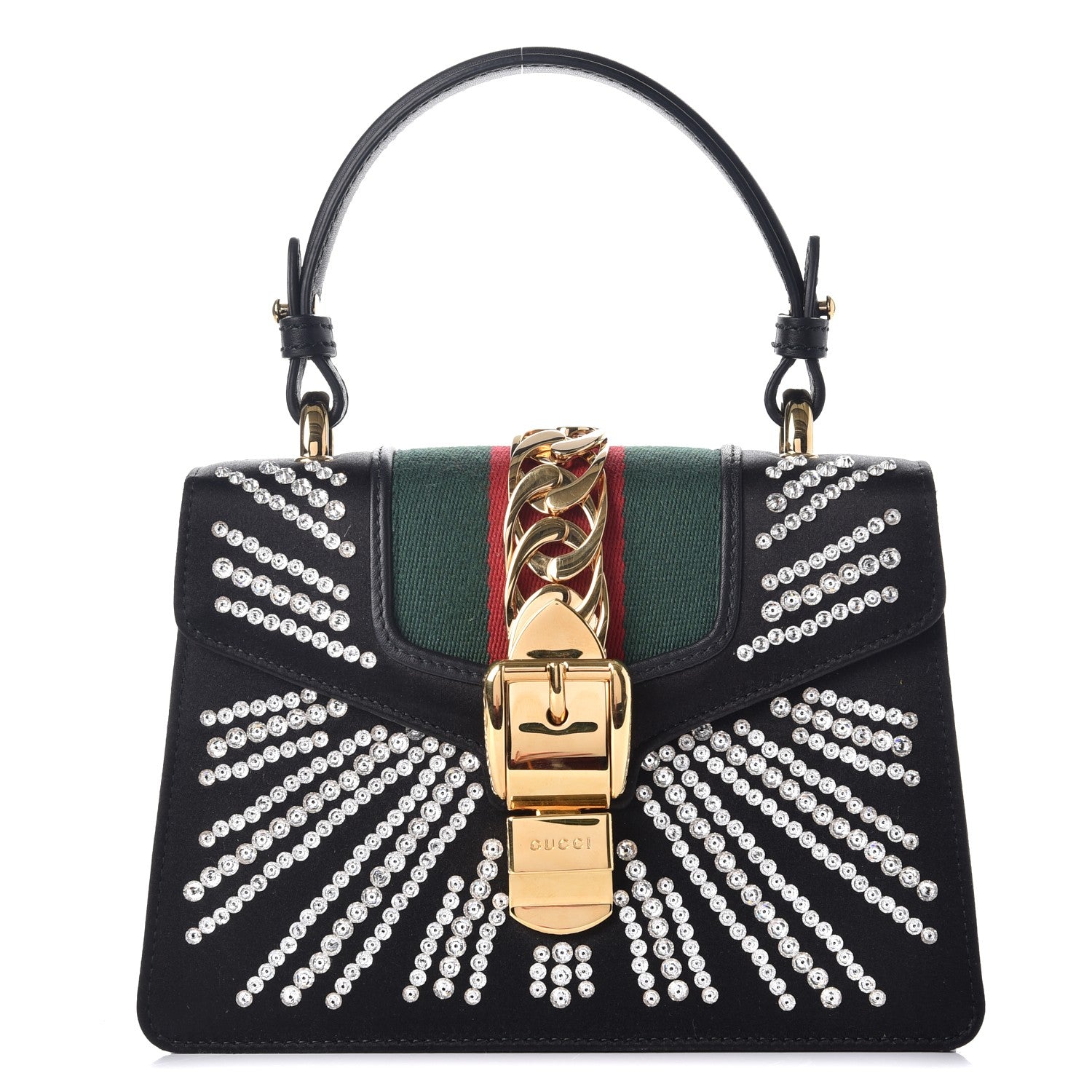 Gucci Satin Crystal Mini Sylvie Top Handle Bag Black 1 of 10