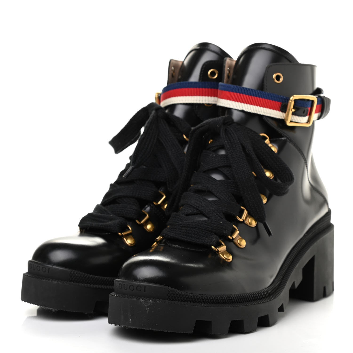 Gucci Calfskin Sylvie Web Lace Up Combat Boots 41 Black 5 of 29