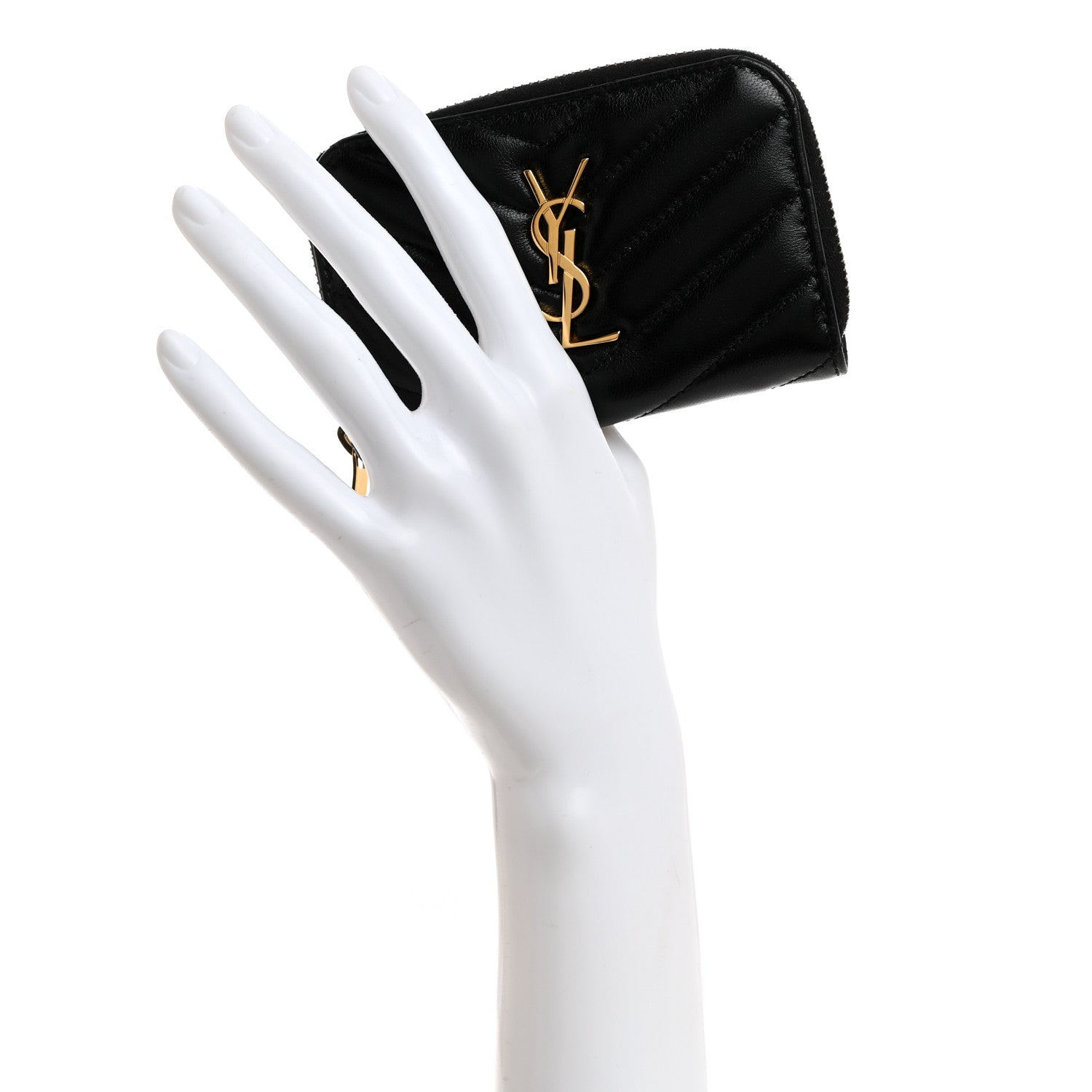 Saint Laurent Lambskin Matelasse Chevron Monogram Cassandre Compact Zip Around Card Wallet Black 2 of 8