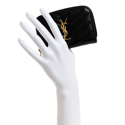 Saint Laurent Lambskin Matelasse Chevron Monogram Cassandre Compact Zip Around Card Wallet Black 2 of 8
