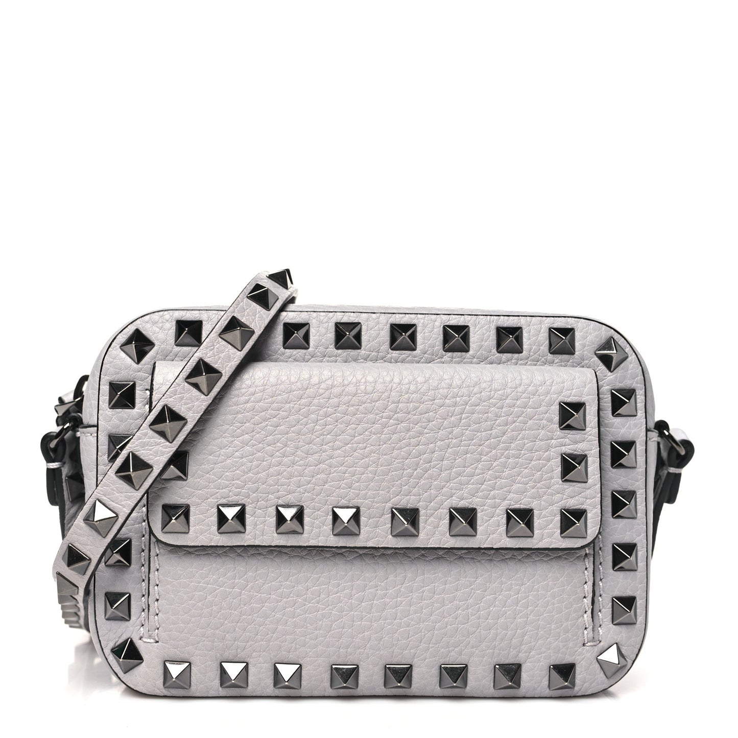 Grained Calfskin Small Rockstud Flap Pocket Camera Crossbody Bag Pastel Grey