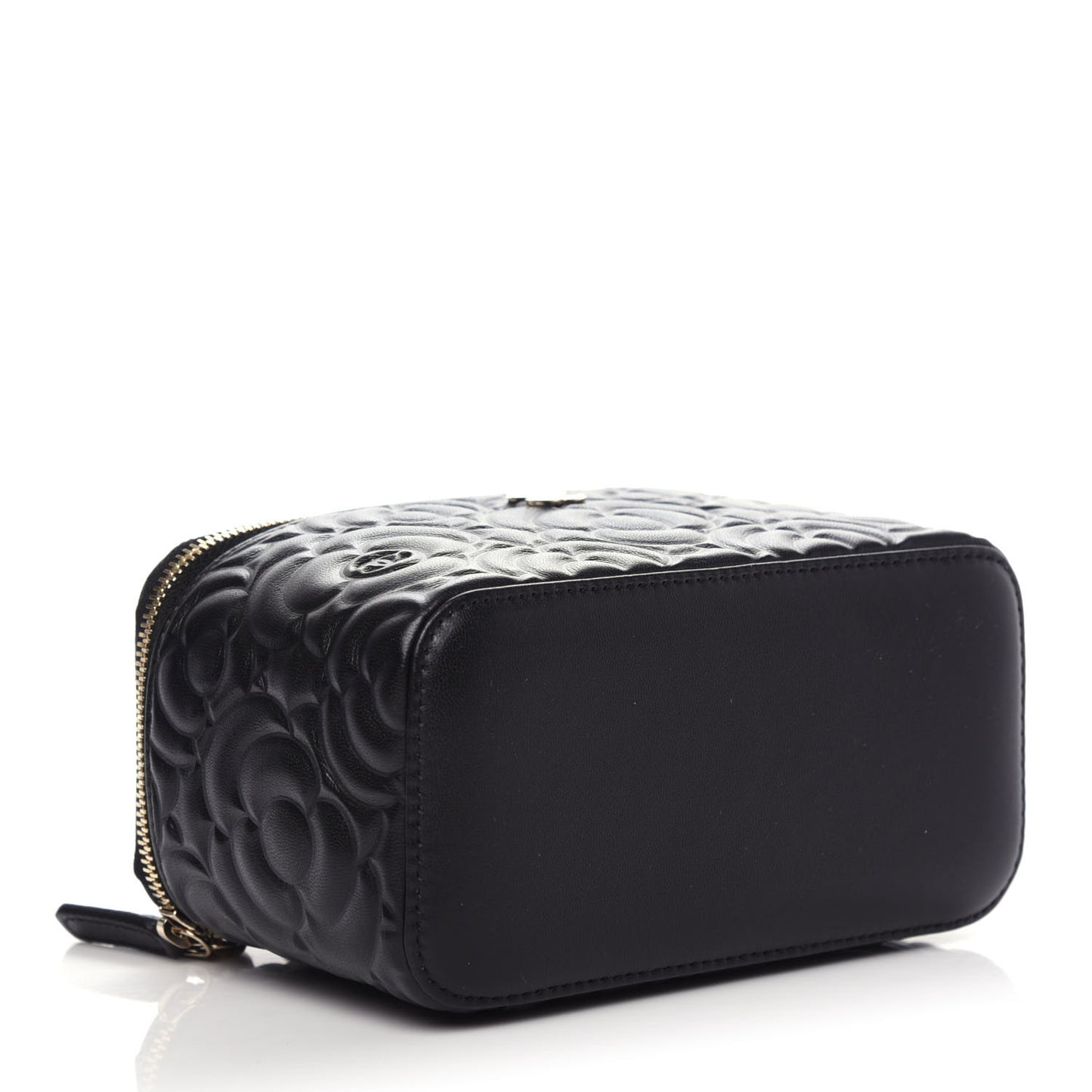 Goatskin Camellia Embossed Quilted Small Vanity Case With Chain Black