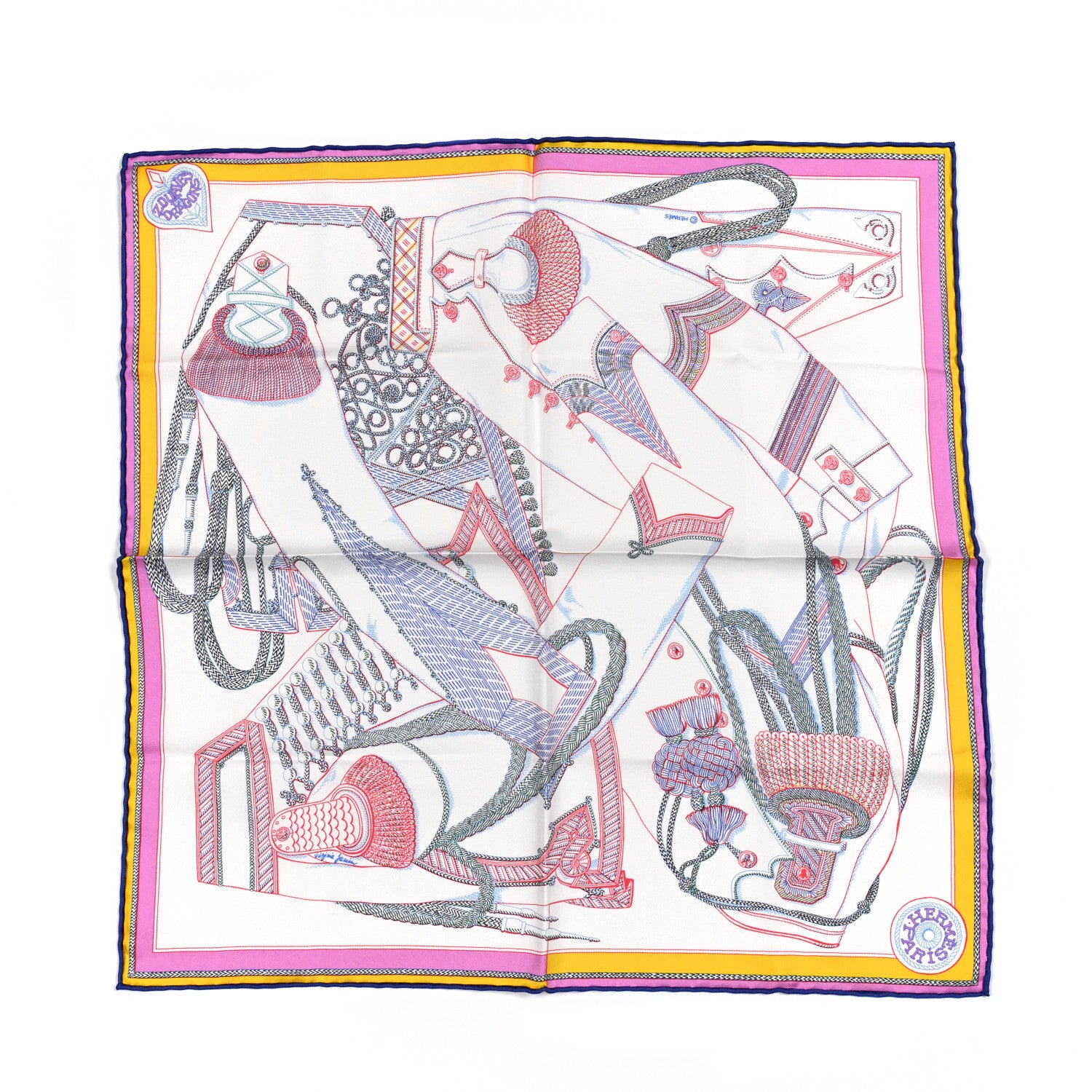 Hermes Silk Zouaves Et Dragons Pocket Square White Rouge Rose 1 of 5