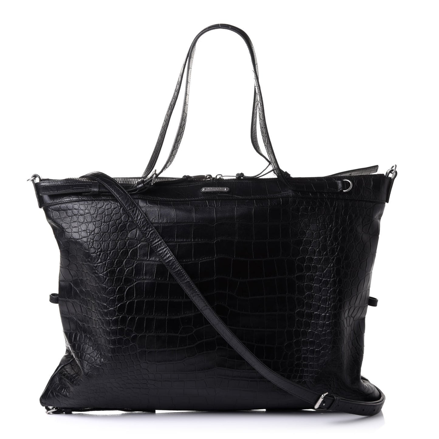 Calfskin Crocodile Embossed Large Convertible ID Bag Black