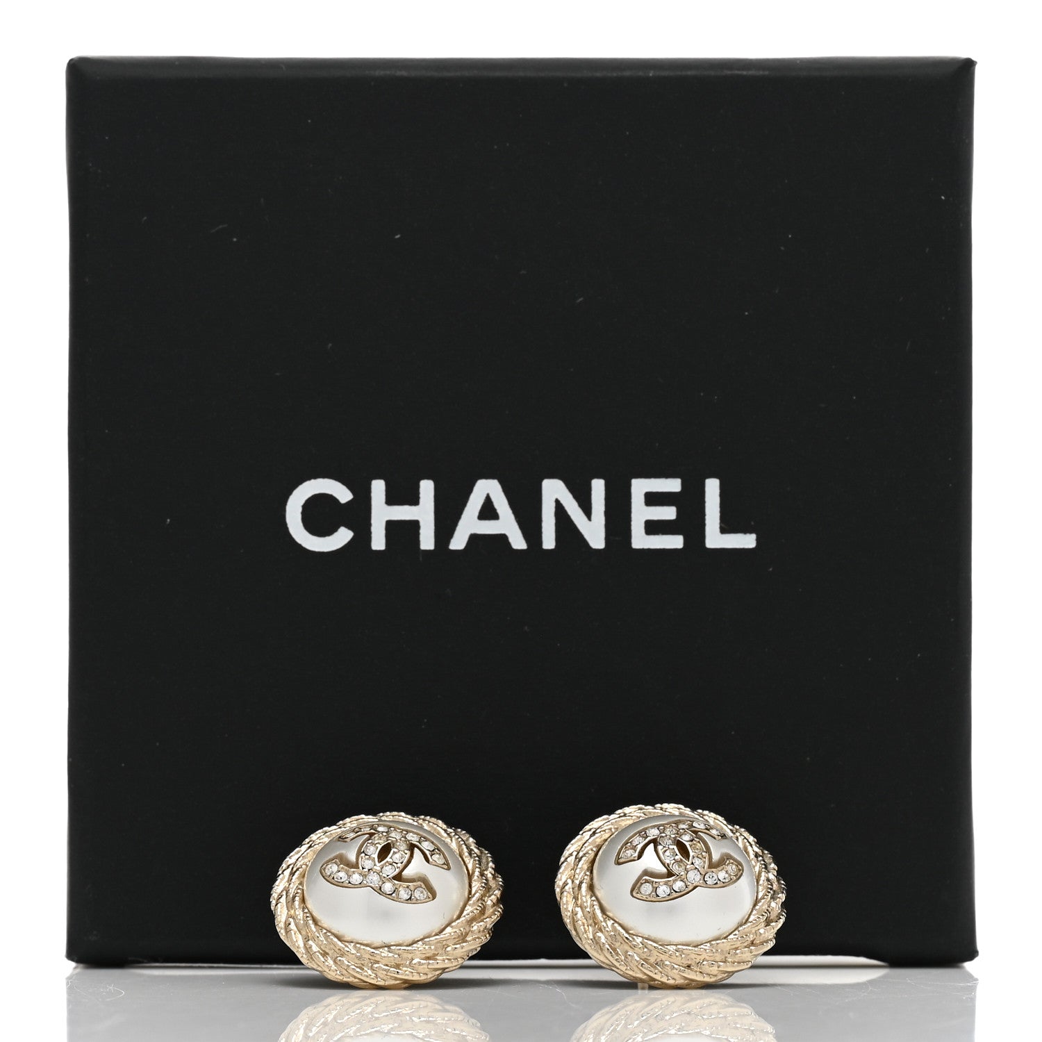 Chanel Pearl Crystal CC Round Earrings Light Gold 5 of 5