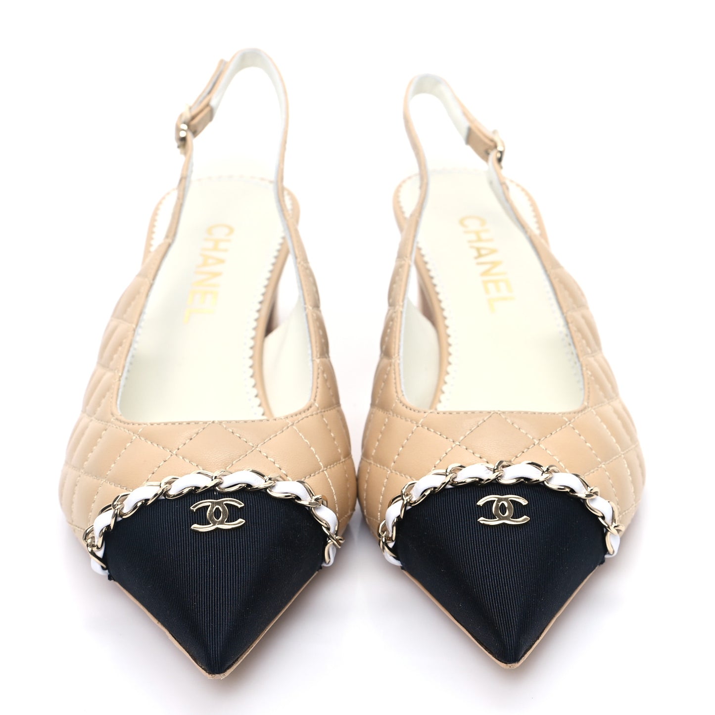 Lambskin Grosgrain Quilted Cap Toe CC Chain Slingback Pumps 38.5 Beige White Black